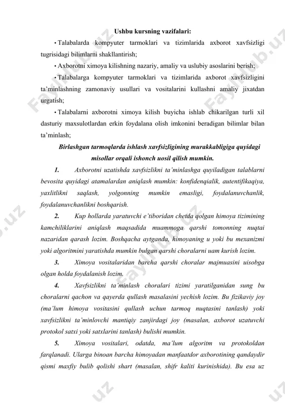 xlarini tanlash) bulishi mumkin. 5. ximoya vositalari, odatda, ma’lum algoritm va protokoldan farqlanadi. ularga binoan barcha himoyadan manfaatdor axborotining qandaydir qismi maxfiy bulib qolishi shart (masalan, shifr kaliti kurinishida). bu esa uz navbatida bunday maxfiy axborotni yaratish, taqsimlash va himoyalash usullarini ishlab chiqish zaruriyatini tugdiradi. maxfiy va qimmatbauo axborotlarga ruxsatsiz kirishdan himoyalash eng muxim vazifalardan biri sanaladi. kompyuter egalari va foydalanuvchilarning mulki uuquqlarini himoyalash - bu ishlab chiqarilayotgan axborotlarni jiddiy iqtisodiy va boshua moddiy uamda nomoddiy zararlar keltirishi mumkin bulgan turli kirishlar va ugirlashlardan himoyalashdir. xozirgi kunda xavfsizlikning bir qancha yunalishlarini qayd etish mumkin. axborot xavfsizligi deb, ma’lumotlarni yuqotish va uzgartirishga yunaltirilgan tabiiy yoki sun’iy xossali tasodifiy va qasddan ta’sirlardan xar qanday tashuvchilarda axborotning ximoyalanganligiga aytiladi. ilgarigi xavf faqatgina konfidenqial (maxfiy) xabarlar va xujjatlarni ugirlash yoki nusxa olishdan iborat bulsa, xozirgi paytdagi xavf esa kompyuter ma’lumotlari tuplami, elektron ma’lumotlar, elektron massivlardan ularning egasidan ruxsat suramasdan foydalanishdir. bulardan tashkari, bu xarakatlardan …