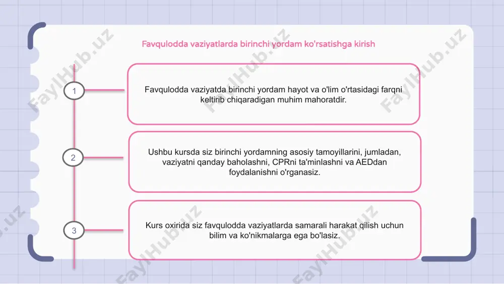 inchi yordam usuli. hayotni qo'llab-quvvatlashning asosiy usullari insonning sezgirligini baholashni, shoshilinch tibbiy yordamni chaqirishni va kerak bo'lganda ko'krak qafasini siqish va qutqaruv nafasini ta'minlashni o'z ichiga oladi. qon ketish va yaralarni parvarish qilish bilan shug'ullanish favqulodda vaziyatda, qon ketishi va jarohatni davolash bilan qanday kurashish kerakligini bilish kerak bo'lgan muhim mahoratdir. qon ketishini nazorat qilish uchun toza mato yoki bint yordamida yaraga to'g'ridan-to'g'ri bosim o'tkazing. qon ketishi nazorat ostida bo'lgach, yarani sovun va suv bilan tozalang va antiseptik malhamni qo'llang. singan va burilishlarni boshqarish favqulodda vaziyatda sinish va burilishlarni davolashda jarohatni baholash va darhol birinchi yordam ko'rsatish muhimdir. singanlar uchun tibbiy yordamga murojaat qilishdan oldin zararlangan hududni shina yoki vaqtinchalik tayanch bilan immobilizatsiya qiling. buzilishlar uchun shishishni kamaytirish uchun muz va siqishni qo'llang, og'riq va qo'shimcha zararni kamaytirish uchun shikastlangan oyoq-qo'lni ko'taring. 1 2 3 kuyish va kuyishlarni davolash kuyishlar va kuyishlar bo'lsa, birinchi qadam zararlangan hududni zudlik bilan kamida …