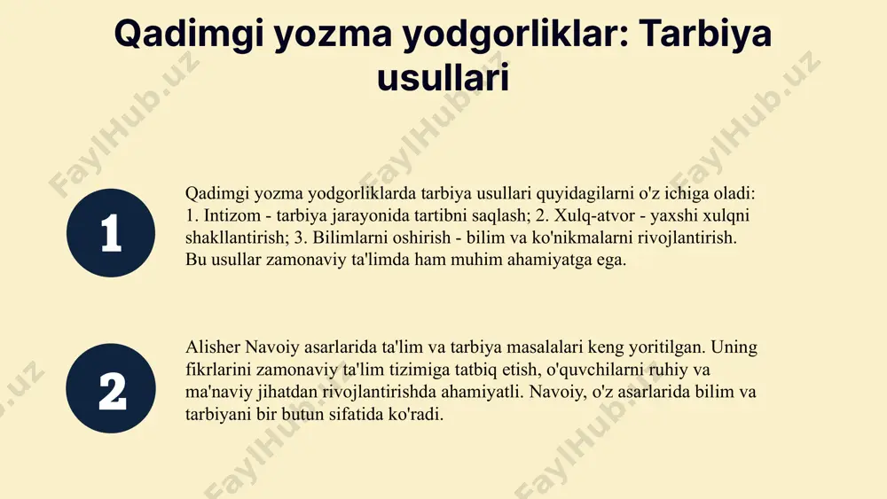 miyati oshib bormoqda. yodgorliklar orqali o'rganilgan tarbiyaviy qadriyatlar zamonaviy jamiyatda zarur hisoblanadi. foydalanilgan adabiyotlar 1. sultonov, m. qadimgi yozma yodgorliklar va ulardagi tarbiyaviy qadriyatlar. o'zbekiston milliy universiteti, 2021. 2. rahimov, a. tarbiya tamoyillari qadimgi yozma yodgorliklarda. ta'lim va tarbiya jurnali, 2022. 3. jalilov, d. yozma yodgorliklar: ta'lim tarbiyasi va qadriyatlar. o'zbekiston fanlar akademiyasi, 2020. 4. tursunov, u. qadimgi yodgorliklar va zamonaviy ta'lim. o'qituvchi nashrlari, 2023. 5. xusainov, k. yodgorliklarda tarbiya usullari va ularning zamonaviy ta'limga ta'siri. ta'lim va innovatsiyalar, 2021. e'tiboringiz uchun rahmat! designed by slides carnival image1.png image2.png image4.png image5.png image13.jpg image14.jpg image15.jpg image6.png image7.png image16.jpg image12.png