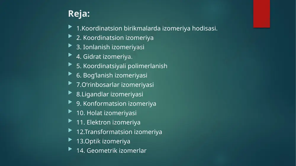 va [co (nh3)5 so4] br о‘zaro ionlashgan izomerlardir. birinchi tuzning suvdagi eritmasiga bariy xlorid qо‘shilganda chо‘kma tushadi, ikkinchi tuz eritmasi bariy ioni bilan chо‘kma bermaydi. gidrat izomeriy. bir xil tarkibga ega bо‘lib, о‘z tarkibidagi suv molekulalarining joylanishi bilan bir – biridan farqlanadigan moddalar gidrat izomerlar deb ataladi. masalan, xrom (iii) – xloridning geksagidrati crcl3 · 6h2o uch modifikatsiyada uchraydi. ulardan birinchisining suvdagi eritmasi och – binafsha rangli ; agar bu eritmaga kumush nitrat qо‘shsak, koordinatsion birikma tarkibidagi xlorning hammasi kumush ioni bilan bog‘langan holda chо‘kmaga tushadi; eritmaning molekulyar elektr о‘tkazuvchanligi 4 ta ionga parchalanadigan elektrolit eritmasining molekulyar elektr о‘tkazuvchanligiga yaqin keladi. demak, xlor ionlari koordinatsion birikmaning tashqi sferasiga joylashib, suv molekulalari ichki sferani band qiladi; uning formulasi [cr (h2o)6 cl3. ikkinchi tuzning suvdagi eritmasi yashil rangli, unga agno3 qо‘shsak, barcha xlor ionlarining faqat uchdan bir qismi kumush xlorid holida chо‘kadi. demak, uning tashqi sferasida 1 xlor ioni va 2 molekula …