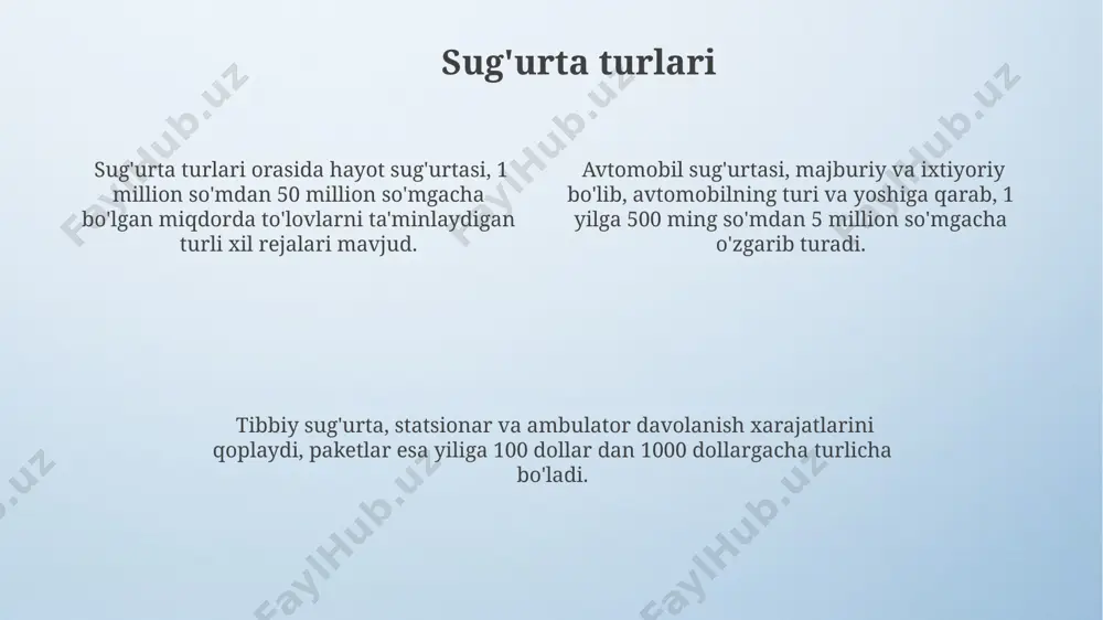 qishloq xo'jaligi sug'urtasi bozorida 150 milliard so'mdan ortiq sug'urta to'lovlari amalga oshirildi, bu 10% ga o'sishni ko'rsatadi. sug'urta shartnomasi bo'yicha 5 gektardan ortiq yer maydoniga ega fermer xo'jaliklari 10% lik chegirma bilan sug'urta qilinadi, bu esa xarajatlarni kamaytiradi. qishloq xo'jaligi sug'urtasi fermerlarga hosil etishmovchiligi xavfidan 70% gacha himoya qilish imkoniyatini beradi va o'rtacha 25% miqdorida sug'urta to'lovlarini qaytaradi. e'tiboringiz uchun rahmat @taqdimot_robot image4.png image3.jpeg
