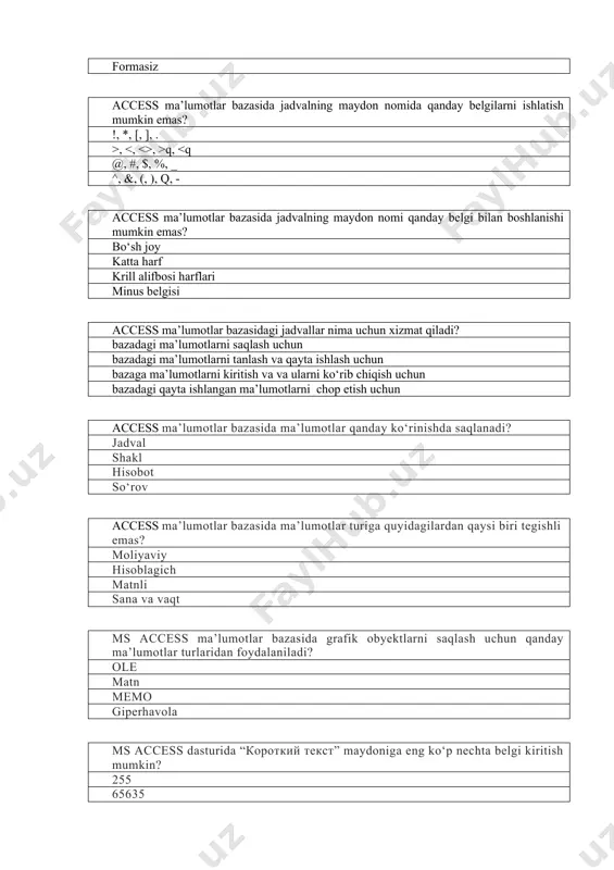 sh, tahrirlash, tayyorlash va tarqatish bilan shug‘ullanuvchi hamda ularni axborotdan foydalanuvchilar tomonidan, shu jumladan, muhokama qilish uchun internet jahon tarmog'idagi o‘z web saytiga yoki web sayt sahifasiga joylashtiruvchi yuridik shaxs internetning qaysi xizmati web sahifalarga tashriflarni amalga oshiradi? www chat e-mail telekonferensiya “axborotlashtirish to‘g‘risida”gi qonun qachon qabul qilingan? 11.12.2003-yil 16.02.2004-yil 08.11.2004-yil 30.05.2006-yil .net domeni qanday faoliyat sohasiga taalluqli? tarmoq tashkilotlari notijorat tashkilotlar tijorat tashkilotlar davlat korxonalari «uz-cert» nima? kompyutеr insidеntlariga zudlik bilan javob bеrish xizmati akt sohasidagi markеting tadqiqotlari xizmati foydalanuvchilar kompyutеrlarini muhofazasini kuchaytirish xizmati ochiq kalitlar milliy infrastrukturasi 1 dyum qanchaga teng? 2,54 sm 2,54 px 25,4 sm 2,54 mm 123 so‘m, 567 so‘mga o‘xshash ma’lumotlar qaysi maydonda saqlanadi? pulli memo sana/vaqt sonli 2005-yil 22-noyabrdagi 256-sonli hukumat qaroriga muvofiq shakllantirilgan “davlat organlari axborot tizimlarini va axborot rеsurslarini davlat ro‘yxatidan o‘tkazish tizimi”ning wеb-sahifasi manzilini ko‘rsating www.reestr.uz www.ict.uz www.gov.uz www.ict.gov.uz abzasni belgilashning eng sodda usulini ko‘rsating. sichqoncha chap tugmasini ketma-ket uch …