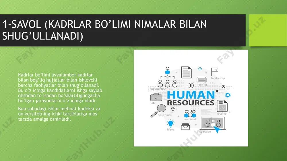 arsaga e’tibor berilmaydi. chunki universitetda o’qituvchi ko’p tomonli salohiyatni talab qiladi. lekin notiqlik va o’z fikrini aniq chiqarib bera olishi ham muhum hisoblanadi 5-savol (kadrlarni tanlashda asosiy e'tibor beriladigan jihati qaysi? ) 6-savol (kadrlardagi malaka oshirishish ehtiyoji qanday aniqlanadi?) adminstraysiyadagi xodimlarni qayta tayyorlashga ehtiyoj ularning xizmat vazifasi o’zgarsa, ish muhitini o’zgarsa yoki tashkiliy tuzilamal o’zgarsa sodir bo’aldi. o’qituvchilarga qayta ta’lim berish ehtiyoji esa ikki usulda aniqlanishi mumkin. 1) pastdan yuqoriga qarab e'tiroz bo’ladi, misol uchun talabalar o'qituvchining dars o'tish uslubiga norozi bo'lishadi. 2) o'qituvchilarni imtihondan o'tkazish, attestatsiya. 7-savol (persanalni qayta tayyorlash qayerda va qanday uslubda amalga oshiriladi?) qayta tayyorlash xodimlar uchun universitet uchun maxsus qayta tayyorlash markazlarida bo’ladi. o’qituvchilar esa yo'nalish asosida olib boriladi. ular olim ta'lim fan va innavatsiyalar vazirligi xati asosida jo'natiladi. o’qituvchilarning qayta tayyorlashi xalqaro miqyosda turkiya, rossiya, germaniya, fransiya kabi davlatlarda keng qamrovli almashinuvlar ham amalga oshiriladi. 8- savol (persanalni baholash qaysi tartibda amalga oshiriladi?) tavsiyalar …