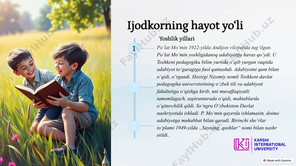 i", "sevgi va so‘z", "hayot izlari". qudrat hikmat "o‘g‘rilar", "qora qalpoq", "baxtga yo‘l", "ikki tomon", "mening orzum" va boshqalar. 9 asarlaridagi obrazlarning o'zaro munosabatlari hamkorlik bir-birlarini hurmat qilib, ijodiy aloqalarni rivojlantirganlar. do'stlik ular o‘zaro do‘stona munosabatlarni saqlab kelishgan, bir-birlariga ijodda qo‘llab-quvvatlaganlar. hurmat obrazlar bir-birlarining ijodini qadrlaydilar, o‘zaro hurmatni namoyon etadilar. 10 po‘lat mo‘min qudrat hikmat ijodiga doir… ertalab osmon tiniq, zangori, beg‘ubor aft-angori. yarqirab nur anhori, oftob chiqdi olamga. - assalom! - der yer pastda, - assalom! - der el asta. - qancha orzu-havasda - oftob chiqdi olamga. - dovon oshib shod-xandon, xursand bo‘lib u chandon, yashasin deb har bir jon, oftob chiqdi olamga. alisher va kitob kitobga o‘ch o‘g‘ilcham, oltin topgan singari, chiqsa yangi bir asar o’qir mendan ilgari. mayli, bo‘lsin hikoya yoki to‘rt yo‘l quvnoq she’r. ayvonchada muk tushib, sharillatar alisher. 11 1 2 bolalar she’riyatining yoshlar hayotidagi o'rnini oshirish yo'llari bolalar adabiyotining yoshlar hayotidagi o'rnini yanada oshirish …