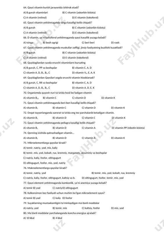 skleroz, rak kabi kasalliklarning kelib chikish xavfi ortadi? a) aminokislotalar b) monosaxaridlar c) lipidlar d) oziq tolalari 54. 1 g uglevod parchalanganda kancha energiya ajraladi? a) 10 kkal b) 20 kkal c) 9,3 kkal d) 4,1 kkal 55. glyukoza, fruktoza, galaktoza kabilar uglevodlarning qaysi guruhiga mansub? a) monosaxaridlar b) polisaxaridlar c) gidrosaxaridlar d) oziq tolalari 56. katta yoshli odamning karbonsuvlarga bo’lgan talabi o’rtacha kanchaga teng? a) 100 g b) 100 mg c) 400-500 g d) 40 g 57. odam qonidagi glyukozaning doimiy miqdori a) 80-120 mg% b) 10 mg% c) 400-500 mg% d) 1000 mg% 58. sut tarkibidagi shakarning nomi a) laktoza b) riboza c) dezoksiriboza d) maltoza 59. shakar uglevodlarning qaysi guruhiga mansub? a) monosaxaridlar b) polisaxaridlar c) disaxaridlar d) mukopolisaxaridlar 60. karbonsuvlarni parchalovchi fermentlarning umumiy nomi a) oksidazalar b) karbogidrazalar c) lipazalar d) proteazalar 61. karbonsuvlarning jigardagi zahira shakli a) shakar b) glikogen c) mioglobin d) gemoglobin 62. …