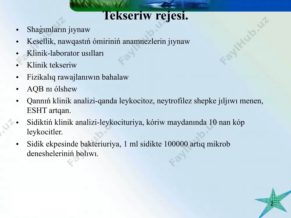 at beretuǵın tekseriwlerdi ótkeriw (sidiktiń ph, ammoniy ekskreciyasın, bikorbonattı, kalciuriyanı, fosgaturiyanı, qannıń kislotalı siltili jaǵdayın tekseriw) maqsetke muwapıq, jánede osmatik koncentraciyanı, sidik tıǵızlıǵın, proteinuriyanı anıqlaw kerek. * diagnostika 4. qannıń bioximiyalıq analizi. isiniw processiniń aktivligin bahalaw ushın ótkir fazalı beloklardı(s-reaktivli belok, fibrinogen h.t.b.) hám sial kislotasın, proteinogrammanı anıqlaw kerek. búyrek funkciyası zárerleniwine gúmaan qılınǵanda mochevina, kreatinin hám qannıń elekrtolitleri bahalanadı. 5. 7-10 kúnde 1 márte qannıń klinikalıq analizi búyrektegi isiniw processiniń aktivligi bahalanadı. 6.búyrek hám sidik ajratıw sistemasınıń uzi i, bul búyrek hám loxanka razmeri, quwıqtıń kólemi hám razmeri, búyrek parenximası jaǵdayı, kista, tas, nefrokalcinoz barlıǵı hám organnıń nuqsanı, vur belgileri, quwıqta jat nárseler bar joqlıǵı anıqlanadı. 7. rentgenologik hám basqada tekseriwler 1,5-2 aydan keyin infekciyanıń háwiji joǵaltılǵannan keyin ótkeriledi. * diagnostika bulardan mikcionlı cistografiya, qarın boslıǵınıń obzorlı rentfenografiyası, ekskretorlı urofrafiya ótkeriledi. 8. radioizotoplı renografiya- búyrektiń ekskretorlı hám sekretorlı funkciyaların bahalaw ushın ótkeriledi. 9.kompyuterli hám magnitli-yadrolı tomografiya basqa tekseriwlerdegi ózgerisleri …