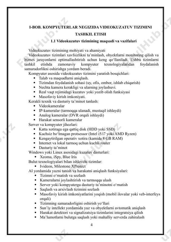 v tizimining asosiy vazifalari · kuzatuv va yozuvlarni saqlash · videoyozuvlarni uzoq muddatli saqlash va tahlil qilish · yozuvlarni arxivlash va kerakli vaqtda qayta ko‘rib chiqish · qidiruv va filtr funksiyalaridan foydalangan holda ma’lum hodisalarni topish · sun’iy intellekt va avtomatlashtirish · yuzni tanib olish va harakatni avtomatik aniqlash · shubhali xatti-harakatlarni avtomatik qayd etish va ogohlantirish · ruxsatnoma asosida kirishni boshqarish va nazorat qilish · ovoz va video tahlil qilish · muhim audio va vizual ma’lumotlarni qayd etish · mikrofon va karnaylar yordamida ikki tomonlama aloqa o‘rnatish · ishlab chiqarish jarayonlarida texnik muammolarni aniqlash · tizimni boshqa xavfsizlik vositalari bilan integratsiya qilish · signalizatsiya, yong‘in xavfsizligi va kirish nazorati tizimlari bilan bog‘lash · smart uy yoki aqlli ofis tizimlari bilan integratsiya qilish · qulf va kirish eshiklarini avtomatik boshqarish · qo‘shimcha funksiyalarni amalga oshirish · infraqizil kameralar yordamida tungi kuzatuv · issiqlik kameralar orqali harorat monitoringi · qo‘shni obyektlar …
