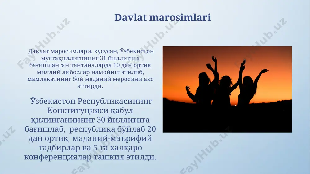n davom etadi. qurbon hayiti, musulmonlarning muhim diniy bayrami bo'lib, o'zbekiston aholisining 90% dan ortig'i ishtirok etadigan, qurbonlik qilish va oilaviy ziyofatlar bilan kechadigan 3 kunlik tadbir hisoblanadi. kelajakda marosimlarning rivojlanishi kelajakda, 2050-yilgacha, o'zbekistonda to'y marosimlarida ekologik toza materiallardan foydalanish 30% ga oshishi va 5 ta yangi an'anaviy marosim elementlari paydo bo'lishi kutilmoqda. globalizatsiya ta'siri ostida, 2030-yilda toshkentda xalqaro madaniyatlarning uyg'unlashuvi natijasida 10 dan ortiq yangi gibrid marosimlar shakllanishi mumicha taxmin qilinmoqda. marosimlarning ijtimoiy ahamiyati qashqadaryo viloyatidagi "navro'z" bayrami kabi marosimlar, 2000 yildan ortiq tarixga ega bo'lib, 7 ta mintaqadan kelgan odamlarni birlashtirib, mintaqaviy va milliy birlikni kuchaytiradi. andijon viloyatida o'tkaziladigan xalq marosimlari, an'anaviy hunarmandchilikning 10 dan ortiq turlarini namoyish etib, madaniy merosning saqlanishi va yangi avlodga yetkazilishiga hissa qo'shadi. e'tiboringiz uchun rahmat @taqdimot_robot image4.png image5.jpg image6.jpg image7.jpg image8.jpg image9.jpg image10.jpg image11.jpg image12.jpg image13.jpg image14.jpg image15.jpg image16.jpg image3.jpeg