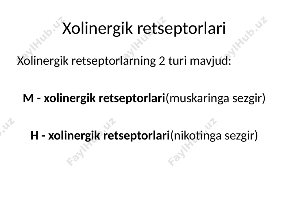 b boradi antikolinesteraza vositalariasetilkolinesteraza fermentini inhibe qiladi, buning natijasida atsetilxolin kamroq vayron bo'ladi, bu sinaptik yoriqda atsetilxolin kontsentratsiyasining sezilarli darajada oshishiga olib keladi, uning ta'sirini kuchaytiradi va uzaytiradi. bu. antikolinesteraza agentlarining barcha ta'siri endogen asetilkolin tufayli yuzaga keladi farmakologik ta'sirantikolinesteraza agentlari m-xolinomimetikaniki bilan bir xil va bundan tashqari,nerv-mushak uzatilishiga ogohlantiruvchi ta'sir ko'rsatadinatijada skelet mushaklari ohangini oshiradi. bu ta'sir atsetilxolinning n-xolinomimetik ta'siriga bog'liq foydalanish uchun ko'rsatmalarantikolinesteraza agentlari m-xolinomimetikasi bilan bir xil (glaukoma, oshqozon-ichak traktining atoniyasi, safro va siydik yo'llari, bachadon) va qo'shimcha ravishda, miyasteniya gravis parezlar, insultdan keyingi falaj, miya shikastlanishlari, neyroinfeksiyalar, neyroxirurgik aralashuvlar antidepolarizatsiya qiluvchi mushak gevşetici ta'sirini bartaraf etish altsgeymer kasalligi (tacrin,rivastigmin) m-xolinergik blokerlar bilan zaharlanganda, fiziologik antagonistlar sifatida yon effektlarantikolinesteraza preparatlari m-xolinomimetikaniki bilan bir xil va bundan tashqari, kichik mushak guruhlari (yuz, bo'yin, til) ixtiyoriy ravishda burishadi. qo'llash mumkin bo'lmagan holatlarm-xolinomimetika bilan bir xil antikolinesteraza preparatlarining haddan tashqari dozasi (fos eng xavfli hisoblanadi) hayot uchun xavfli alomatlar: yurak …