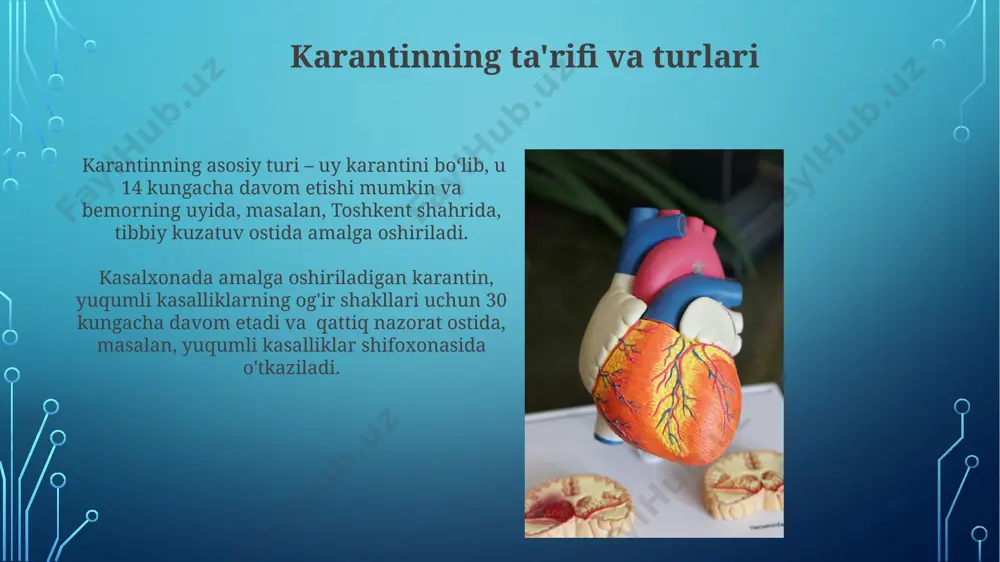 ublikasida 1000 dan ortiq bemorga uyga chaqirib tibbiy xizmat ko'rsatishda, telefonda muntazam suhbatlar va sog'liqni saqlash ko'rsatkichlarining haftalik hisobotlari orqali bemorlarni kuzatish samaradorligini oshirishga qaratilgan loyiha amalga oshirilmoqda. kuzatuv va karantin choralarining qo'llanilishi андижондаги касалхоналарда кузатув ва карантин чораларининг самарадорлигини ошириш учун янги технологиялар, хусусан, онлайн мониторинг тизими жорий этилди, бу 20%гача самарадорликни оширди. тошкент шаҳрида 2023 йилда кузатув ва карантин чоралари 5000 дан ортиқ шахсга нисбатан 14 кунлик муддатда қўлланилган бўлиб, бу касалликнинг тез тарқалишини олдини олишга ёрдам берган. axborot va kommunikatsiyaning ahamiyati kasalliklarning tez tarqalishi davrida, masalan, pandemiya paytida, 24 soatlik axborot almashinuvi va 1000 dan ortiq odamni qamrab oluvchi tezkor xabarlar tizimi muhim ahamiyat kasb etadi. axborot va kommunikatsiya texnologiyalari, masalan, telemeditsina orqali 300 dan ortiq qishloq hududlariga, shu jumladan samarqand viloyatiga, masofadan turib tibbiy yordam ko'rsatish imkonini beradi. tibbiy xodimlarning roli va javobgarligi bemorlarning holatini baholash va davolash rejalarini tuzishda, xalqaro standartlarga muvofiq, kamida 3 yillik …