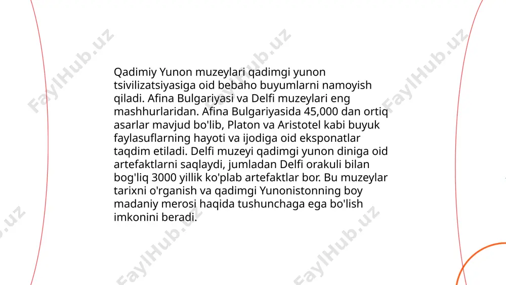 ilmoqda. ... t.me/slaydai_bot 10. britaniya muzeyining tashkil etilishi britaniya muzeyi 1753-yilda tashkil topgan va jamoatchilikka 1759-yil 15-yanvardan boshlab ochilgan. muzeyning asosini tabiatshunos olim ser xans sloan to‘plagan kolleksiya tashkil etadi. u o‘zining kitoblari, qo‘lyozmalari va boshqa eksponatlarini angliya xalqi uchun qoldirgan. muzey dastlab londondagi montagu uyida joylashgan edi. unda 70 mingdan ziyod tarixiy eksponatlar mavjud. britaniya muzeyi dunyo bo'ylab tarqalgan ulkan madaniy merosni o'zida to'plab, hozirda 8 milliondan ortiq eksponatni o'z ichiga oladi. unga har yili millionlab sayyohlar tashrif buyuradi. britaniya muzeyi kirml qasri va iskandar kutubxonasidan keyin tashkil topgan eng qadimgi madaniy muassasalardan biri hisoblanadi. ... t.me/slaydai_bot luvr muzeyi parijda, fransiyada joylashgan bo'lib, 1793-yil 10-avgustda ochilgan. dastlab qirollik saroyi bo'lgan luvr, fransiya inqilobi davrida jamoatchilikka muzey sifatida taqdim qilindi. ochilish kunida muzey faqat taxminan 537 ta asarni namoyish etgan. bugungi kunda luvr dunyodagi eng katta va eng ko'p tashrif buyuriladigan muzeylardan biri bo'lib, unda 380,000 dan ortiq san'at asari …