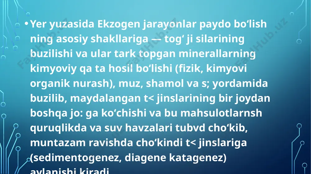 omida o‘zgartirib turadi. yirik fasliy havo oqimlariga musson va passat shamollarini ko‘rsatish mumkin. fasllar almashinishida o‘z yo‘nalishini o‘zgartirib turuvchi shamollar materik ichkarisida ham mavjud bo‘ladi. bunday shamollarga farg‘ona vodiysidan mirzacho‘lga va qarama-qarshi yo‘nalishda esadigan bekobod shamolini misol keltirsa bo‘ladi. shamollar juda ko‘p miqdorda cho‘kindi materiallarni ko‘chiradi. ularning bunday xususiyati, birinchi navbatda, tezligiga bog‘liq. shamolning tezligi sekundiga 0,5 dan 30 m gacha borishi va kuchli dovullarda undan ham ortiq bo‘lishi mumkin. shamollar esa mayda zarralarni muallaq, qum va graviy donalarini qisman muallaq va asosan dumalatib bir joydan ikkinchi joyga ko‘chiradi. shamollarning terrigen materiallarni ko‘chirishi quruq va issiq iqlimli o‘lkalarda amalga oshadi. chunki bunday mintaqalarda tuproq eroziyasidan saqlovchi o‘simlik qoplamasi yaxshi rivojlanmagan bo‘ladi faol shamol harakatlari o‘rta osiyoning qizilqum va qoraqum cho‘llarida, tarim o‘lkasida va sahroi qabirda kuzatiladi.shamol yordamida qum donalarining ko‘chirilishi alevrit va gil zarralarining ko‘chirilishidan farq qiladi. qum donalari yer yuzasiga yaqin tor havo qatlamida harakatlanadi, alevrit va gil zarralari …