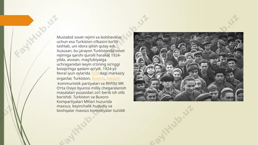 ngan (1925-yil 13-may). oʻzssr tarkibida 1929-yilgacha tojikiston assr ham boʻlgan (yana qarang [[oʻzbekiston sovet sotsialistik respublikasi) 1925-yil 13-fevralda buxoroda maxsus qurilgan xalq uyida oʻzbekiston ssr sovetlarining 1qurultoyi ochildi. qurultoy 17-fevralda "[[oʻzbekiston sovet sotsialistik respublikasini tashkil etish toʻgʻrisida deklaratsiya" qabul qildi. oʻzssr oradan koʻp oʻtmay sssr tarkibiga qabul qilingan (1925-yil 13-may). oʻzssr tarkibida 1929-yilgacha tojikiston assr ham boʻlgan (yana qarang [[oʻzbekiston sovet sotsialistik respublikasi) oʻrta osiyo xalqlari uchun bu chegaralanish va tashkil etilgan yangi "milliy davlatchilik" ularning bundan keyingi taraqqiyotiga yangi nozik farqlarni olib kirdi. oʻzbekiston ssrning tuzilishi "oʻzbek xalqining milliy davlatchiligi tashkil qilindi", degan fikrni anglatmaydi. sssr tarkibidagi oʻzssr amalda hech qanday suverenitet va mustaqillikka ega emas edi. oʻzssr tashkil etilayotgan vaqtlardayoq uning oldiga, asosan, markazning manfaatlariga xizmat qilish, sssrning markaziy rayonlariga xom ashyo yetishtirib berish kabi vazifalar qoʻyilgan edi. sssr inqirozga yuz tutgan va parchalangan paytgacha bu vazifalar oʻz kuchini yoʻqotmadi. hukmron sulolalarning tez-tez almashishiga, makon-hudud mezonlarining o'zgarishiga qaramay, …