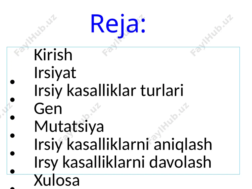 higa olib kelishi mumkin. turli xil mutatsiyalar mutatsiyaning ta'siri irsiy kasalliklarni aniqlash: irsiy kasalliklarni aniqlash uchun genetik testlar qo'llaniladi. ushbu testlar genlardagi o'zgarishlarni aniqlashga yordam beradi. genetik testlar qon yoki tupurik namunalaridan dnk ni tahlil qilish orqali amalga oshiriladi. prenatal testlar bu test homilaning genetik holatini tahlil qiladi. daun sindromi va kistoz fibrozi kasalliklarini aniqlashga yordam beradi karyotip tahlili asosan xromasomal kasalliklarni aniqlaydi irsiy kasalliklarni davolash: • hozirgi kunda irsiy kasalliklarni davolashning bir qator usullari mavjud: dorivor terapiya ba'zi irsiy kasalliklarni davolash uchun dorilar qo'llaniladi. •operatsiya • ba'zi irsiy kasalliklar uchun jarrohlik amaliyoti kerak bo'lishi mumkin. • gen terapiyasi • bu usul buzilgan genlarni to'g'rilash yoki yangi genlarni kiritishni o'z ichiga oladi. xulosa: irsiyat va irsiy kasalliklar haqida ma'lumotli bo'lish har bir inson uchun muhimdir. irsiy kasalliklar haqida ma'lumot olish sog'liqni saqlashni yaxshilashga yordam beradi. irsiy kasalliklarni erta aniqlash va davolanishni boshlash, bu kasallikning rivojlanishini to'xtatish imkonini beradi. e'tiboringiz uchun …