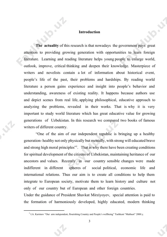 on of foreign language teaching from the initial classes of the public schools, ensuring its execution are being carried out. the subject of this qualification paper is american and uzbek literatures. literature is the inherent subject which should be taught almost in all schools, colleges, universities, and other educational institutions. the contribution of twain and gafur gulam to american and uzbek literature is enormous and very significant. we can’t imagine american literature without mark twain and uzbek literature without gafur gulam therefore, it is important to know more about them. the object of this qualification paper is the analysis of both writer’s works. we will be able to know more about their styles in writing popular novels. the novelty of this present work representing the most important information about these two writers which take all aspects: their life, the attitude of their novels. this source of information is brief, clear …