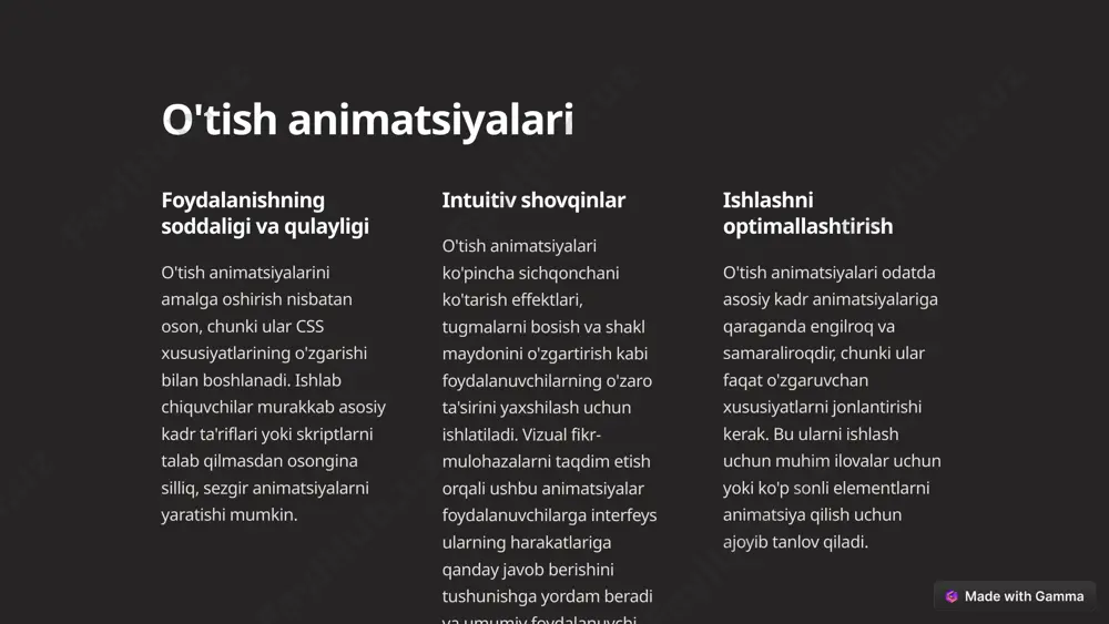 arining asosiy kontseptsiyalarida, jumladan, vaqtni belgilash, o'zgartirishlar va kalit kadrlarni yaratishda mustahkam poydevor yaratishda davom eting. turli texnikalar bilan tajriba o'tkazing va ularni qanday qilib murakkab va dinamik effektlarni yaratish uchun birlashtirish mumkinligini o'rganing. ilg'or texnikalarni o'rganish fizikaga asoslangan animatsiyalar, svg animatsiyalari va css animatsiyalarini javascript bilan integratsiyalash kabi ilg‘or animatsiya usullariga chuqurroq kirib boring. ushbu yanada murakkab yondashuvlar ijodiy ifoda va interaktivlikning butunlay yangi darajasini ochishi mumkin. yangilanish css animatsiyalari dunyosidagi so'nggi ishlanmalarni kuzatib boring, chunki brauzerni qo'llab-quvvatlash va yangi xususiyatlar doimo rivojlanib bormoqda. sizning ko'nikmalaringiz va bilimlaringiz zamonaviy bo'lib qolishiga ishonch hosil qilish uchun sanoat bloglari, ijtimoiy media va doimiy ta'lim orqali xabardor bo'ling. 9 e’tiboringiz uchun raxmat 10 image1.png image2.png image3.png image4.png image5.png image6.png image7.png image8.png image9.png image10.png image11.png image12.png