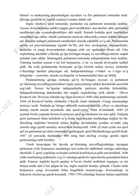 di. inqilobning boshlanishi va fuqarolar urushi 1637 yilda shotlandiyada xalq qo’zg’oloni ko’tarildi. qo’zg’olonni karl i ning ingliz absolyutizmi va ingliz cherkovini shotlandiyada joriy qilish, shuningdek shotlandiya parlamenti huquqlarini cheklashga bo’lgan urinishi keltirib chiqardi. katta harbiy kuchga ega bo’lgan shotlandiyaliklar angliyaning shimoliy qismini egallab oldilar. karl i ning ularga qarshi kurashish uchun na armiyasi va na mablag’i bor edi. shuning uchun u parlamentni chaqirishga majbur bo’ldi. 1640 aprelda 11 yillik tanaffusdan so’ng yana parlament chaqirildi. ammo bu parlament shotland isyonchilariga qarshi kurashish uchun qirolga pul bermadi va yana huquqlar to’g’risidagi iltimosnomada keltirilgan talablarni bajarilishini qaytardi. karl i bir necha hafta o’tgandan so’ng parlamentni tarqatib yubordi, shuning uchun u «qisqa parlament» deb nom oldi. shotlandiyada qo’zg’olon kengayib boraverdi. 1640 yil noyabrda yangi parlament chaqirildi. bu parlament oldingisidan ham qaysarroq chiqdi. shotlandiyaliklarning g’alabalaridan va qirolning qiyin ahvolidan foydalangan parlament uning oldiga o’z talablarini qat’iy qo’ydi. qirol parlamentni tarqatib yuborishdan qo’rqib, uning talablarini qabul …
