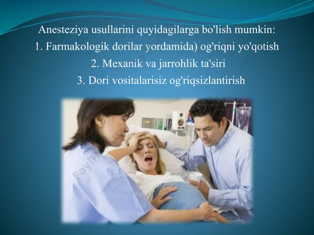 lbiy) terapevtik ta'sir qilish orqali amalga oshiriladigan fizioterapevtik protsedura. xulosa ratsional og'riqsizlantiruvchilar tug'ruq paytidagi asoratlarni oldini oladi (tug'ruq paytida ayolning charchashi, homilaning gipoksiya va asfiksiyasi, ona va homilaning shikastlanishi). tug'ish uchun og'riqsizlantirish usulini tanlash ona va homilaning sog'lig'i holatining ko'rsatkichlariga muvofiq individual ravishda tanlanishi kerak. e'tiboringiz uchun rahmat! image2.jpeg image3.jpeg image4.jpeg image5.jpeg image6.jpeg image7.jpeg image8.png image9.jpeg image10.jpeg image11.jpeg image12.jpeg image13.jpeg