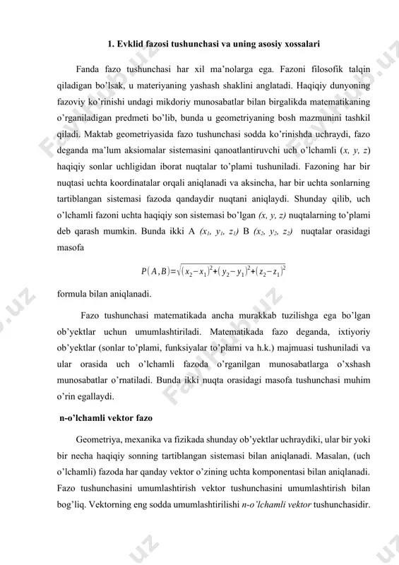 r quyidagicha yoziladi: e1=(1,0,. . ..0) e2=(0,1,. . ..0) . . .. . .. . .. . .. . .. en=(0,0,. . ..1) demak, rn vektor fazoda n ta koordinata vektorlari mavjud. vektorlar ustida amallar ta’rifidan, a=(a1, a2,. . ., an) vektorni a=a1e1,+a2e2, + . .+anyen ko’rinishda tasvirlash mumkinligi kelib chiqadi. haqiqatan, bu tenglikni (a1, a2,. . ., an)=a1 (1,0,. . ..0)+ a2 (0,1. . ..0)+. . .+ an (0,0,. . ..1) ko’rinishda yozib olib o’ng tomondagi amallarni bajarsak, o’ng tomonda (a1, a2,. . ., an) vektor hosil bo’ladi. xususiy holda, r2 fazoda (a1, a2) vektor uchun a=a1e1,+a2e2 (e1=(1,0), e2=(0,1). r3 fazoda esa a=(a1, a2,. . ., a3) vektor uchun a=a1e1,+a2e2,. . .+a3e3 (e1=(1,0,0), e2=(0,1,0), e3(0,0,1)) ko’rinishdagi yoyilmalar o’rinli bo’ladi. *eslatma. kordinata birlik vektorlari r2 va r3 fazolarda mos ravishda i, j va i, j, k harflar orqali belgilash qabul qilingan. ular orqali a vektori quyidagicha yoziladi: bu yerda ax, …