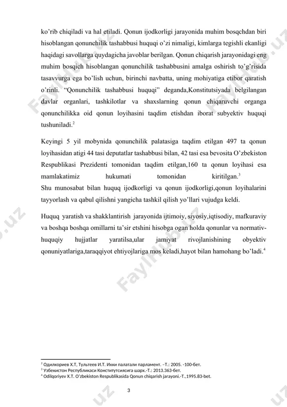 onun loyihalarini tayyorlash va qabul qilishni yangicha tashkil qilish yo’llari vujudga keldi. [3: узбекистон республикаси конститутсиясига шарх.-т.: 2013.363-бет.] huquq yaratish va shakklantirish jarayonida ijtimoiy, siyosiy,iqtisodiy, mafkuraviy va boshqa boshqa omillarni ta’sir etshini hisobga ogan holda qonunlar va normativ-huquqiy hujjatlar yaratilsa,ular jamiyat rivojlanishining obyektiv qonuniyatlariga,taraqqiyot ehtiyojlariga mos keladi,hayot bilan hamohang bo’ladi.[footnoteref:4] [4: odilqoriyev x.t. o’zbekiston respublikasida qonun chiqarish jarayoni.-t.,1995.83-bet.] 1.huquq ijodkorligi tushunchasi, turlari,funksiyalari va prinsiplari. huquq ijod etish davlatning yuridik normalar yaratishga qaratilgan maxsus faoliyatidir.davlat mazkur faoliyat orqali xalqning mushtarak irodasini qonun darajasida ifoda etadi,ijtimoiy boshqaruv va siyosiy rahbarlikni amalga oshiradi.bu faoliyat natijasida jamiyatda harakatlanuvchi bir butun va ichki mutanosiblikka ega bo’lgan,ijtimoiy munosabatlarni tartibga solishga qaratilgan umummajburiy huquqiy normalar vujudga keltiriladi.huquq normalarining yaratilishi,yuridik kuchi,shakli,quyidan yuqoriga bo’ysunishi munosabatlari davlatning huquq ijodkorligi funksiyasi bilan bevosita bog’liqdir. huquq ijodkorligi-vakolatli davlat organlarining normativ-huquqiy aktlarni yaratish,ularga o’zgartirish kiritish yoki bekor qilishga qaratilgan faoliyatdir. huquq ijodkorligi faoliyati nafaqat yangi huquqiy normalarni o’rnatish,balki ilgari chiqarilgan nomativ-huquqiy qoidalarni o’zgartirish …