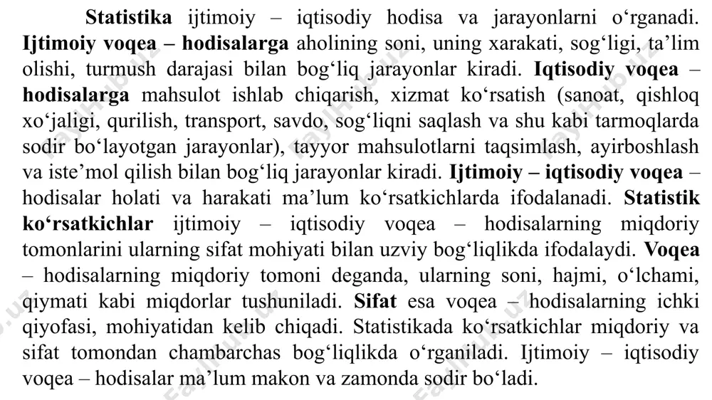 ularni biror belgilari bo‘yicha tasniflash lozim bo‘ladi. statistik ko‘rsatkichlar voqea – hodisalar to‘plamini qamrab olishiga qarab, makroiqtisodiy va mikroiqtisodiy ko‘rsatkichlarga guruhlanadi. mikroiqtisodiy ko‘rsatkichlar faoliyat yurutuvchi sub’ektlarda (firma, korxona ularning bo‘limlari, birlashmalar, koorporatsiyalar va shu kabilar) sodir bo‘layotgan jarayonlarni ifodalaydi. makroiqtisodiy ko‘rsatkichlar mamlakat yoki uning hududlaridagi ijtimoiy – iqtisodiy jarayonlar holati va xarakatini ifodalaydi. angren ko‘mir konida qazilgan ko‘mir, biror fermer xo‘jaligida terilgan paxta, biror korxonada ishlayotgan xodimlar soni va shu kabilar mikroiqtisodiy ko‘rsatkichlardir. mamlakat miqyosida qazib olingan ko‘mir, viloyat yoki mamlakat miqyosida tayyorlangan paxta, ishlayotgan xodimlar soni va shu kabilar makroiqtisodiy ko‘rsatkichlardir. statistik ko‘rsatkichlar miqdori raqamlar bilan ifodalanadi. miqdorlar mohiyatiga ko‘ra mutloq, nisbiy va o‘rtacha miqdorlarga bo‘lishi mumkin. ularning mohiyati keyingi savol va mavzularda yoritiladi. statistik ko‘rsatkichlar olish usuliga qarab birlamchi va ikkilamchi (hosilaviy) ko‘rsatkichlarga guruhlanadi. birlamchi ko‘rsatkichlar hodisa va jarayonlarni kuzatishdan olingan, hamda ular asosida jamg‘arilgan ko‘rsatkichlardir. ikkilamchi (hosilaviy) ko‘rsatkichlar birlamchi ko‘rsatkichlar asosida 94 matematik amallarni qo‘llab topilgan, hosil …