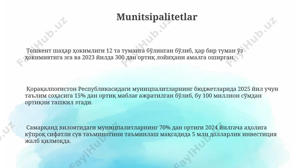 ilishi mumkin. 2023-yil holatiga ko'ra, davlat xizmatida 1 milliondan ortiq xodimlar ishlaydi, ularning 30 foizi toshkent shahrida joylashgan vazirlik va idoralarda faoliyat yuritadi. mahalliy davlat hokimiyati organlari o‘zbekiston respublikasining konstitutsiyasi va "mahalliy davlat hokimiyati to‘g‘risida"gi qonun mahalliy kengashlarning 30 dan ortiq vakolatlarini aniq belgilab bergan. 2022 yilgi ma'lumotlarga ko'ra, mahalliy byudjetlarning 40% dan ortig'i ijtimoiy infratuzilmani rivojlantirishga, shu jumladan, samarqand viloyatida yangi maktablar qurishga yo'naltirilgan. mahalliy davlat hokimiyati organlari, 12 ta viloyat, toshkent shahri va qoraqalpog‘iston respublikasi hududlarida 500 dan ortiq tuman, shahar va qishloq fuqarolar yig‘inlari orqali amalga oshiriladi. sud hokimiyati суд ҳокимиятига тегишли бўлган 100 дан ортиқ суд бинолари мамлакат бўйлаб, хусусан тошкент, самарқанд ва андижон каби йирик шаҳарларда жойлашган. суд ҳокимияти ўзбекистонда 3 та инстанциядан иборат бўлиб, улар вилоят, шаҳар ва туман судлари, ҳудудий аппеляция судлари ва олий судидан ташкил топган. 2023 йилда суд ҳокимияти томонидан 50000 дан ортиқ иш кўрилган бўлиб, бу рақамлар адолат тизимининг юкламасини …