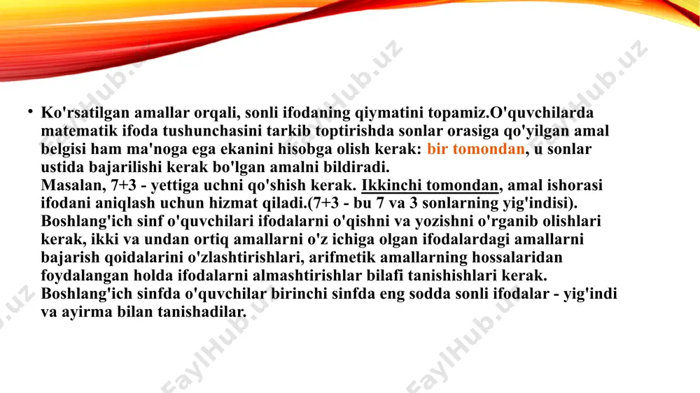 llar yorgamida mustahkamlashni amalga oshirish lozimdir.dastlab, o'quvchilarga tenglamalarni tanlash usuli bilan yechishga doir mashqlar beriladi. tenglamadagi noma'lum son "darcha" bilan ifodalanadi. tenglik to'g'ri bo'lishi uchun "darchaga" qanday sonni qo'yish kerakligini o'quvchilardan so'raymiz va ular og'zaki topadilar, tekshirishni ham og'zaki bajaradilar ( 6+7=13; 12 - 9=3; 16-9 =7). keyin tenglama atamasini noma'lum son ekanligini tushuntirib o'tamiz. kerakli sonni tanlab, o'rniga qo'yganlaridau so'ng bunday tengliklar tenglamalar deb atalishini aytamiz. ya'ni "tenglamani yechish degan so'z, x ning o'rniga qo'yganda tenglik to'g'ri bo'ladigan sonni topish" demakdir. boshlang'ich sinflarda, xususan, ii sinfda o'quvchilarga bir noma'lumli tenglamalarning ba'zilarining yechilish usullari bilan tanishtiramiz. tenglamalarni yechishda quyidagi qoidalarni bilish o'quvchilarga qiyinchilik tug'dirmaydi: 1.noma'lum qo‘shiluvchini topish uchun yig'indidan ma'lum qo‘ shiluvchini ayirish kerak. 2.noma'lum kamayuvchini topish uchun ayirmaga ayiriluvchini qo'shish kerak. 3.noma'lum ayiriluvchini topish uchun kamayuvchidan ayirmani ayirish kerak. 4.noma'lum bo‘linuvchini topish uchun bo'linmani bo'luvchiga ko‘paytirish kerak. 5.noma'lum ko'payuvchini topish uchun ko'paytmani ko‘paytuvchiga bo'lamiz. o‘qituvchining tenglama bilan tanishtiruvi ushbu …