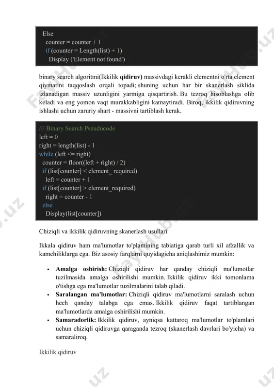 gilangan qiymatning o'rnini topishga qaratilgan yondashuvdir. ikkilik qidiruv - chiziqli massivdagi elementning o'rnini topish uchun ishlatiladigan eng tez va samarali qidiruv usuli. ikkilik qidiruv faqat tartiblangan massivlarda qo'llanilishi mumkin. ikkilik qidiruv uchun ma'lumotlar birinchi navbatda saralanishi kerak va agar ma'lumotlar raqamlar shaklida bo'lsa, o'sish tartibida yoki satrlar formatida bo'lsa, alifbo tartibida (a dan z gacha) tartibga solinishi kerak. saralanmagan shakldagi ma'lumotlar massivida ikkilik qidiruvni qo'llash uchun avval o'sish tartibida saralash jarayoni va keyin ikkilik qidiruvni qo'llash orqali saralanishi kerak. ushbu texnikada massivni birinchi navbatda tartiblash kerak, so'ngra izlash jarayoni massivni ikkiga bo'lish orqali o'rta nuqtani topishga asoslangan. ikkilik qidiruvning asosiy maqsadi o'rta nuqtani qidirishdir. agar birinchi tekshirishda kerakli element topilmasa, massiv xuddi shu protsedurani takrorlash orqali ko'proq kichik massivlarga bo'linadi. ikkilik qidirish qiyinligi massivdagi ko'proq sonli elementlar bilan ortadi. ikkilik qidiruv odatda logarifmik qidiruv yoki yarim intervalli qidiruv sifatida tan olinadi. ikkilik qidiruvning ishlash printsipi uning ishlash printsipi " bo'l …