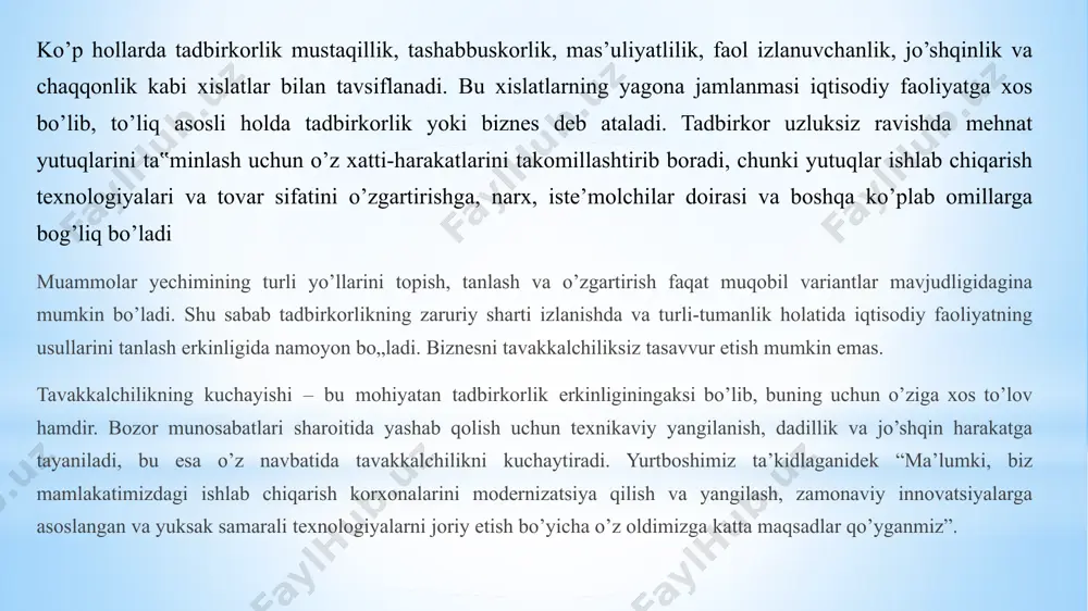 bozorda sotuvchilar ham, xaridorlar ham koʻp boʻlib, narxlar talab va taklif negizida shakllanadi. monopol bozorda ozchilik sotuvchilarning hukmronligi oʻrnatilgan boʻlib, narxlar faqat shularning manfaatidan kelib chiqqan holda belgilanadi. bunday bozorlar raqobotning sustligi yoki umuman boʻlmasligi bilan ajralib turadi. bozor iqtisodiyoti davrida tadbirkor kishi bilan har doim yonma-yon turadigan harakat bu tavakkalchilik bo'lib hisoblanadi.tadbirkor kishi ko'pchilik hollarda oxirgi natijani bilmagan holda o'z mablag'ini sarflaydi, ya'ni ma'lum tavakkalchilikka asoslanadi. tavakkalchilik bu- firmaning ko'zlangan maqsadiga erishish yo'lida u duch keladigan iqtisodiy xavf-xatardir. tavakkalchilik turlari sof tavakkalchilik salbiy yoki nol natija olish imkonini bildiradi. bular tabiiy, ekologik, siyosiy, transport va tijorat tavakkalchiliklari sof tavakkalchilik spekulyativ tavakkalchiliklar spekulyativ tavakkalchiliklar ham ijobiy ham salbiy natija olish imkonini ifoda etadi. ularga tijorat tavakkalchiliklarning bir qismi bo’lgan moliyaviy tavakkalchiliklar mansub. 1.2. investitsiya va tavakkalchilikning xususiyatlari. tadbirkor ishining rivoji investitsiya talab qiladi. investitsiya bironta ishga mablag' qo'yish orqali foyda olishni bildiradi. hamma mablag'lar pulga chaqilgan holda investitsiyalanadi. investitsiyalash muqobil …