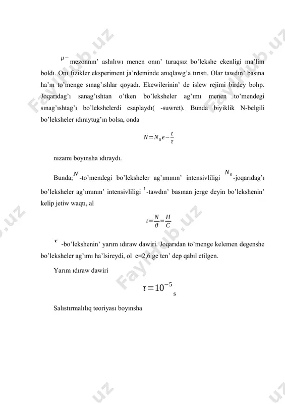 ’an bo’lekshelerdin’ qaldırg’an izin esaplaw bo’lekshe toqtag’an jerden qaray baslanadı. ol qaldıq iz dep ataladı. plastinkag’a kelip tysip atırg’an bo’lekshenin’ energiyası formulası menen anıqlanadı. eger biz izertlep atırg’an bo’lekshe proton bolsa, bunda, -protonnın’ kinetikalıq energiyası, koeffitsentleri, -protonnın’ qaldıq izi ha’r qıylı energiyag’a massag’a iye bo’leksheler ushın ha’m nin’ ma’nisleri o’zgerip otıradı. ha’r qıylı energiyag’a iye bo’leksheler plastinkada ha’r qıylı iz qaldıradı. ma’selen iz qaldıradı. qa iye bo’lekshe de o’zinin’ energiyasın joyıltadı. al qa iye bo’lekshe o’zinin’ energiyasın aralıqta joytadı degen so’z. plastinkada bo’lekshenin’ qaldıratug’ın izi bo’lekshenin’ ionizatsiyalaw uqıplıg’ı degen shama kirgiziledi. ol bo’lekshenin’ ionizatsiya uqıplılıg’ı qansha ko’p bolsa. plastinkada qaldıratın’ izi sonsha ko’p, yag’nıy daneshelerdin’ sanı ko’p boladı. endi massaları ha’r kıylı bolg’an g bo’lekshenin’ plasinkada qaldırg’an izinin’ massasına baylanıslı ekenligin qarayıq. bolg’anda g max iye boladı. usı metod arqalı bo’lekshelerdin’ massasın anıqlawg’a boladı. zaryadı z=1 bolg’an bo’lekshenin’ ionizatsiya uqıplılıg’ı bo’lekshenin’ kenetikalıq energiyası bunnan r-boyınsha tuwındı alsaq bunnan tezlikke baylanıslı …
