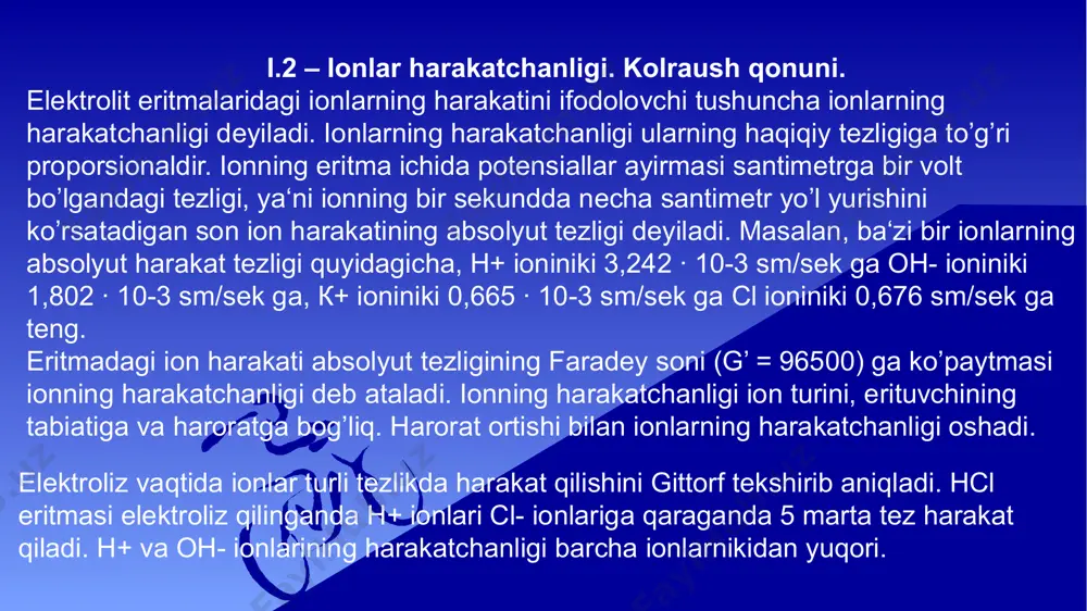 iga bog‘liqligi ekvivalent elektr o'tkazuvchanlik eritmaning suyultirilishi bilan o'zgarib, eritma cheksiz suyultirilganida o'zining eng katta qiymatiga erishadi. chunki eritma suyultirilishi bilan ionlar orasidagi o'zaro ta’sir susayib, ionlaming harakat tezligi ortadi. konduktometrik titrlash. bu usul bilan rangli yoki loyqa eritmalardagi elektrolit kontsentratsiyasini aniqlash va indikator tanlash qiyin bo’lgan hollarda kislotalar aralashmasini titrlash mumkin. titrlash natijasida bir turli ionlarning ikkinchi turli ionlarga almashinishi elektr o’tkazuvchanlikning o’zgarishiga olib keladi va bu o’zgarish ekvivalent nuqtani aniqlashga imkoniyat yaratadi. masalan, hcl kislotasini naoh ishqori bilan titrlaganimizda vodorod ionlarining o’rnini harakatchanligi kamroq bo’lgan natriy ionlari egallaydi, chunki vodorod ionlari gidroksil ionlari bilan deyarli dissotsilanmaydigan suvni hosil qiladi. eritmadagi barcha h+ ionlarining oh- ionlari bilan to’la neytrallanishi kuzatilmaguncha eritmaning elektr o’tkazuvchanligi kamayib boradi. eritmaga ishqor quyishni yana davom ettirganimizda h+ ionlarining o’rnini egallagan na+ ionlari va ayniqsa oh- ionlari hisobiga elektr o’tkazuvchanlik yana ortib boradi. lekin, oh- ionlarining elektr o’tkazuvchanligi h+ ionlarining elektr o’tkazuvchanligidan kichik (λoh-<λh+) bo’lganligi …