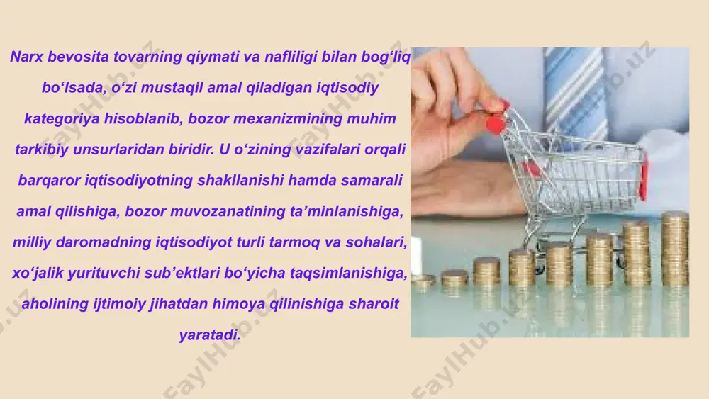 da ularning nisbatiga qarab yuqori yoki past bo'lishi mumkin. chegaralangan narx - davlat tomonidan yuqori va quyi chegaralari belgilanib, shu doirada o'zgarishi mumkin bo'lgan narx. bunday narx yordamida davlat inflyasiyani jilovlaydi, narx darajasini nazorat qiladi. dotatsiyalangan narx - davlat budjeti hisobidan maxsus arzonlashtirilgan narx. bunday narxdan kam daromadli oilalar, beva-bechoralar, ishsiz va nogironlarni hayotiy zarur ne'matlar bilan eng kam darajada ta'minlab turishda foydalaniladi demping narx - bozorda o'z mavqeini mustahkamlash va raqiblarini bozordan siqib chiqarish uchun firmalar tomonidan foydalaniladigan maxsus narx. u «bozorga kirib olish narxi» deb ham ataladi. demping narxda rasmiy narxning bir qismidan kechib yuboriladi nufuzli narx - sotish hajmini o'zgartirmasdan, yuqori foyda olishga erishish uchun firmalar tomonidan foydalaniladigan narx. bu narxni qo'llash uchun bozorda raqobat cheklangan bo'lib, monopol vaziyat mavjud bo'lishi zarur. erkin bozor narxi - bu talab va taklif asosida vujudga keladigan bozor narxidir: madaniylashgan bozor sharoitlrini vujudga keltirishda erkin narx jamiyat va bozor munosabatlari barcha …
