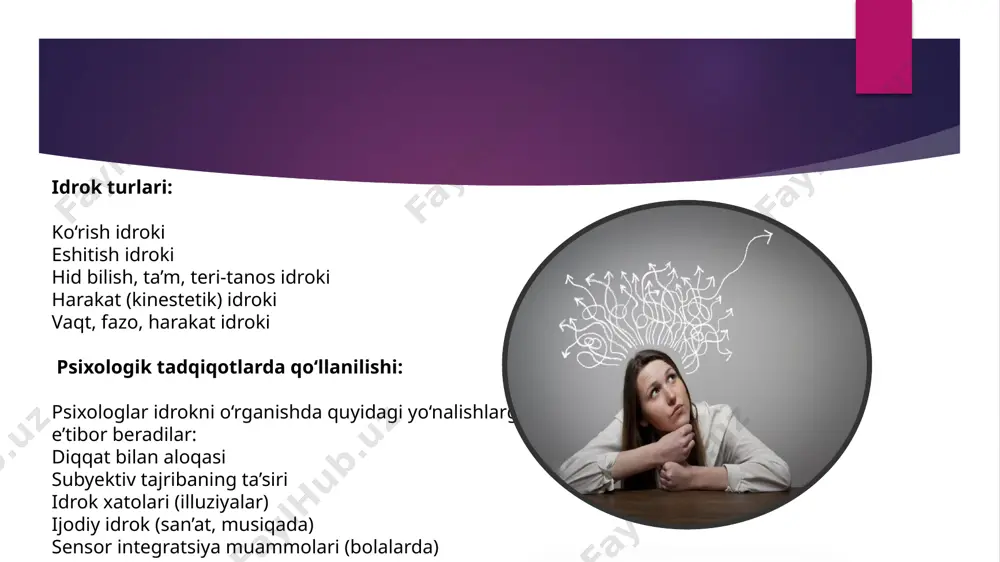 ning idrok jarayonidagi asosiy ahamiyatlari keltirilgan: 1. butunlik tamoyili (prägnanz) inson miyasi noaniq va murakkab tasvirlarni imkon qadar soddalashtirib, tartibli va muvozanatli ko‘rinishda qabul qiladi. shu bilan, biz narsalarni umumiy shakli asosida tez va samarali idrok qilamiz. 2. yaqinlik tamoyili (proximity) bir-biriga yaqin joylashgan elementlar odatda bir guruh sifatida qabul qilinadi. masalan, yaqin chiziqlar bir shakl yoki obyekt sifatida ko‘riladi. 3. o‘xshashlik tamoyili (similarity) tashqi belgilariga (rang, shakl, o‘lcham) ko‘ra o‘xshash bo‘lgan obyektlar bir-biriga tegishli sifatida qabul qilinadi. 4. davomiylik tamoyili (continuity) inson miyasi uzluksiz chiziqlar va shakllarni tan olishga moyil. ob’ektlar biror yo‘nalishda davom etsa, ular bir butun sifatida ko‘riladi. 5. yopiq shakllar tamoyili (closure) agar tasvir to‘liq bo‘lmasa ham, miyada uni to‘liq ko‘rinishda idrok qilish xususiyati mavjud. bu tamoyil tafakkurdagi to‘ldirish qobiliyatini ko‘rsatadi. gestalt tamoyillarining idrokdagi roli: tez va samarali idrok qilish imkonini beradi. murakkab muhitda tartibni yaratishga yordam beradi. vizual tushunishni osonlashtiradi. grafik dizayn, reklama, pedagogika va …