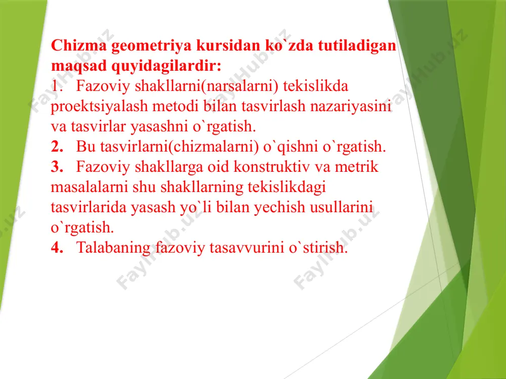 c. a va b nuqtalar o`zaro teng d. a va b chiziqlar - ayqash chiziqlardir 12. qiyshiq burchakli proeksiyalashga mos ta’rifni belgilang a. proeksiyalash yo’nalishi tekislik bilan 90 burchak xosil qilmaydi b. proeksiyalash yo’nalishi tekislik bilan 90 dan kichik burchak xosil qiladi c. proeksiyalash yo’nalishi tekislik bilan 90 dan katta burchak xosil qiladi d. proeksiyalash yo’nalishi tekislik bilan 90 burchak xosil qiladi 13. ortoganal proeksiyalash yana qaysi nom bilan yuritiladi a.parallel proeksiyalash usuli b. markaziy proeksiyalash usuli c. monj usuli d. qiyshiq burchakli proeksiyalash 14. proeksiyalash turlari to’g’ri ko’rsatilgan javobni belgilang a. 1.markaziy 2.parallel b. 1.qiyshiq burchakli 2.parallel c. 1.qiyshiq burchakli, 2.markaziy d. qiyshiq burchakli proeksiyalash 15. ortoganal proeksiyalash nima a. monj epyuri b. tekis chizma c. 1. parallel d. markaziy nazorat savollari. 1. chizma geometriya nimani o’rgatadi? 2. chizma geometriyaga fan sifatida kim tamonidan asos solingan? 3. chizma geometriya kursini o’qitishda qanday maqsadlar ko`zda tutilgan? 4. fanda qo’llaniladigan qanday …