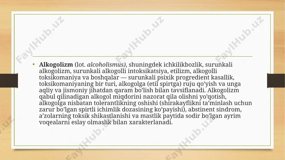 ta’sir qiluvchi komponenti — etanol — oshqozon-ichak trakti orqali tezda so’riladi, inson miyasiga kirib, asab hujayralari bilan aloqa qiladi. qonda etanolning konsentratsiyasi spirtli ichimliklar ichilgach 45-90 daqiqa o’tib maksimal darajaga yetadi. etanol organizmdan o’pka, buyraklar, sut va ter bezlari, najas bilan o’zgarmagan holda va asosan jigarda sodir bo’ladigan biotransformatsiya orqali chiqib ketadi. birinchi sutka davomida organizmdan spirtni chiqarib tashlash va parchalash davom etadi: sitozolda oksidlanishi: c2h5o + 2had → c2h4o + 2had°h — 70-80% etanolni metabolizatsiya qiluvchi va sog’lom odamlarda asosiy chiqib ketish yo’li. jigarning mikrosomal etanoloksidlovchi tizimi yordamida oksidlanish. nihoyat, to’qimalarning katalaza, oksidaza va peroksidazalari yordamida oksidlanish. sog’lom odamlarda u etanol metabolizmning 15 foizini tashkil etadi, alkogolizm bilan kasallangan bemorlarda uning miqdori oshadi. asetaldegidning yakuniy yo’li: aldegiddegidrogenaza yordamida asetatga aylanishi, so’ng asetil-koa ishtirokida uning ko’mir kislotasi va suvgacha oksidlanishi: c2h4o → asetat → co2 + h2o + energiya. sog’lom odamda oksidlanish darajasi muttasil va soatiga har bir inson vazni …