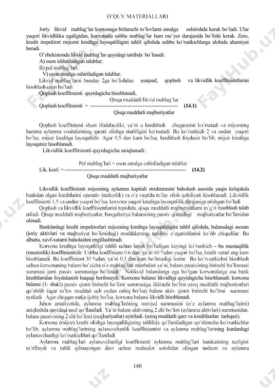 lilikni tahlil qilishdan asosiy maqsad, bu qarz oluvchi, xo jalik yurituvchi subyektning imkoniyatlari, qarzni o z vaqtida qoplashni, risk darajasini, kredit miqdori va boshqa omillarni belgilangan sharoitda va holatda tahlil qilishdan iboratdir. banklar uchun bu masalalarni amalga oshirish juda qiyin bo lsada, xuddi ana shu maqsad amalga oshirilsagina berilgan kreditdan foyda olinadi. kreditga layoqatlilikni tahlil qilish vazifasi bo lib quyidagilar hisoblanadi: 1. kreditga layoqatlilikni ifodalovchi ko rsatkichlarni aniqlash; 2. ko rsatkichlarni tahlil qilish (yil boshi va yil oxirini taqqoslash); z. ko rsatkichlarga ta sir etuvchi omillarni aniqlash; 4. kreditga layoqatlilikni mustahkamlash yo llarini aniqlash; bozor munosabatlarining rivojlanib borishi bilan tijorat banklari tomonidan kreditga layoqatlilikni tahlil qiluvchi yangi metodlar ishlab chiqilmoqda, qaysikim korxona haqidagi (kreditga layoqatligi haqidagi) tahlilni chuqurroq olib borishni ko rsatadi. hozirgi vaqtda jahon amaliyotida (yunido tasdiqlagan standart bo yicha) moliyaviy ko rsatkichlar sistemasi bo yicha tahlil va reyting metodi bo yicha tahlil usullari qo llaniladi. o zbekiston respublikasida …