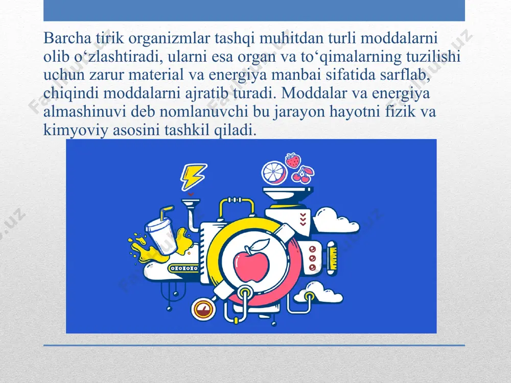 glevodlar, oqsillar, yog‘lar va boshqalarning hujayrada birin ketin parchalanishi fermentativ reaksiyalar ishtirokida boradi. bu oziq moddalarning katabolizmi 3 bosqichdan iborat. birinchi bosqichda yuqori molekulali moddalar, kichik molekulalarga parchalanadi. masalan; polisaxaridlar geksozalar, pentozalargacha, yog‘lar yog‘ kislotalar va glitseringacha, oqsillar aminokislotalargacha parchalanadi. ikkinchi bosqichda hosil bo‘lgan birikmalar oddiyroq molekulalargacha parchalanadi. masalan, geksozalar va pentozalar parchalanib, 3 uglerod atomli fosforlangan shakarga – glitseraldegid-3-fosfatga, keyin pruvat kislota orqali atsetil koa ga parchalanadi. yoki oqsil molekulasiga kiruvchi 20 xil aminokislota katabolizm jarayonida atsetil-koa hamda boshqa umumiy metobolitlar hosil bo‘ladi. fosfoglitserin aldegidi glitserin biosintezining xomashyosidir. piruvat kislotaning oksidlanish yo‘li bilan dekarboksillanishi natijasida hosil bo‘lgan atsetil-koa yuqorimolekulyar yog‘ kislotalariga asos soladi. shunday qilib, nafas olish va bijg‘ish jarayonlari, lipidlar almashinuvi bilan uzluksiz bog‘lanadi. undan tashqari ma’lumki, urug‘larda lipidlarning miqdori o‘simlikning azot bilan ta’minlanganiga bog‘liq. atsetil-koa uglevodlar dissimilyasiyasi mahsuloti, ko‘plab xilma-xil birikmalar steroidlar, karatinoidlar, terpenlar hosil bo‘lishining materialidir. o‘simlik garmonlari yoki fitogarmonlar, o‘simliklarda kam miqdorda sintezlanib, o‘zi hosil …