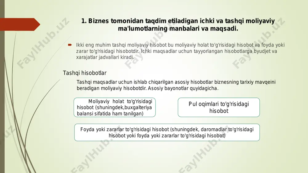 lashni xohlashadi. ichki hisobotlarga quyidagilar kiradi.  narxlar jadvallari - menejerlarga korxona nima sarf qilayotganini tekshirib turishlari uchun vaqti-vaqti bilan kerak bo'ladi.  byudjetlar. aksariyat korxonalar byudjetni tuzadilar. bu kelgusi yil uchun byudjet bo'lishi mumkin, unda prognoz qilingan sotuvlar, ushbu savdolarni ishlab chiqarish bilan bog'liq xarajatlar, qo'shimcha xarajatlar va prognoz qilingan foyda ko'rsatilgan. byudjetlar umuman biznes uchun va alohida bo'limlar uchun ishlab chiqarilishi mumkin.  variance xabar beradi. byudjet kelishilganidan so'ng, haqiqiy xarajatlarni o'lchash kerak. xarajatlar jadvallarini byudjet bilan taqqoslash va har qanday farqlarni hisobga olish kerak. ushbu farqlar dispersiyalar deb ataladi 2. ichki nazorat, avtorizatsiya, ma'lumotlarning xavfsizligi va biznesdagi muvofiqlik. ichki nazorat tashkilotlarga xatarlarga qarshi kurashishda, hisobot sifatini saqlashda va qonun va qoidalarga rioya qilishda yordam berishi kerak. ular tashkilotlarning maqsadlarini bajarishiga ishonchli ishonchni ta'minlaydi. ehtimol, ichki nazoratning eng oddiy doirasi ularning orasidagi farqni keltirib chiqaradi boshqarish muhiti - boshqaruvning umumiy mazmuni, xususan direktorlar va menejerlarning boshqaruvga bo'lgan munosabati …