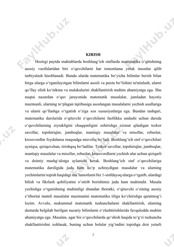 tezkor savollar, topshiriqlar, jumboqlar, mantiqiy masalalar va misollar, rebuslar, krossvordlar foydalansa maqsadga muvofiq bo‘ladi. boshlang‘ich sinf o‘quvchilari ayniqsa, qiziquvchan, tirishqoq bo‘ladilar. tezkor savollar, topshiriqlar, jumboqlar, mantiqiy masalalar va misollar, rebuslar, krossvordlarni yechish ular uchun qiziqarli va doimiy mashg‘ulotga aylanishi kerak. boshlang‘ich sinf o‘quvchilariga matematika darsligida juda ham ko‘p uchraydigan masalalar va ularning yechimlarini topish haqidagi ma’lumotlarni biz 1-sinfdayoq ularga o‘rgatib, ulardagi bilish va fikrlash qobiliyatini o‘stirib borishimiz juda ham muhimdir. masala yechishga o‘rgatishning muhimligi shundan iboratki, o‘qituvchi o‘zining asosiy e’tiborini matnli masalalar mazmunini matematika tiliga ko‘chirishga qaratmog‘i lozim. avvalo, mukammal matematik tushunchalarni shakllantirish, ularning dasturda belgilab berilgan nazariy bilimlarni o‘zlashtirishlarida favqulodda muhim ahamiyatga ega. masalan, agar biz o‘quvchilarda qo‘shish haqida to‘g‘ri tushuncha shakllantirishni xohlasak, buning uchun bolalar yig‘indini topishga doir yetarli miqdorda sodda masalalarni deyarli har gal to‘plamlarni birlashtirish amalini bajarib borishi lozim.1-sinfda bir va ikki amalli masalalar o‘rgatiladi. masalalar yechishdagi hisoblash ishlari sonli masalalarni yechish malakalarini shakllantirish mashq qilishga …