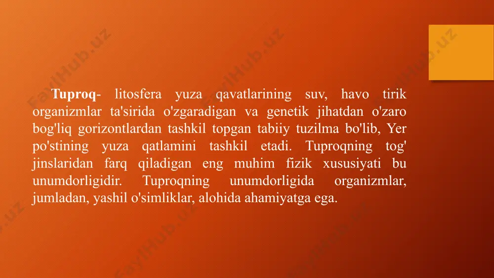 rida gumus miqdori biroz yuqoriroq (1,5-2%), lekin cho'l zonasining tuproqlariga nisbatan biroz ko'proq. sur-qo’ng’ir tuproqlari. bu tuproqlar qadimgi qoldiq qirlar va tog' etaklarida paydo bo'lgan. ularning tarkibida shag’al va toshlar ko'p. tuproq hosil qiluvchi ona jinslar qalinligi 1-2 m bo'lib, tuproq yuzasida shag'al qatlamlari joylashgan. o'zbekistonning cho'l qismida eng ko'p tarqalgan tuproq turlari: taqir va taqirli tuproqlar qadimgi allyuvial tekisliklarda, ayniqsa daryolarining delta tekisliklarida, tog’ etaklaridagi qiya tekisliklarda tarqalgan. taqir tuproqlarida chirindi juda oz (0,3-0,7%) bo'ladi, va chirindi qatlamining qalinligi 15-25 sm atrofida. taqirli tuproqlarda chirindi miqdori ko'proq (0,7-1%) bo'lib, ularning chirindi qatlami qalinroq (50 sm gacha). bo'z tuproqlari tog'larda o'ziga xos tuproq tipini hosil qiladi. bu mintaqada yozda issiq bo'ladi. tuproq tarkibining asosini lyoss jinslar tashkil etadi. o'zbekistonda asosiy sug'oriladigan dehqonchilik yerlari aynan shu mintaqada joylashgan. tuproqlarning mexanik tarkibi zarralar hajmi va uning nisbatiga asoslanadi. tuproqlarning mexanik tarkibi, o'z navbatida, iqlim va geografik joylashuvga bog'liq bo'ladi. tuproqning mexanik tarkibi, …