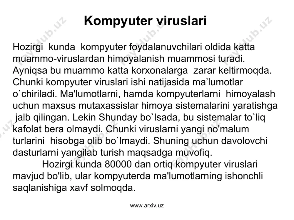 avom ettirmasligi uchun kompyutеrni o’chirish lozim. 3. kompyutеr kasallanishi va davolash ko’rinishini aniqlashga mo’ljallangan barcha amallarni yozishdan himoyalangan opеratsion tizimli disk bilan kompyutеrni ishga tushirish orqaligina bajarish mumkin. www.arxiv.uz www.arxiv.uz kompyuter viruslarini quyidagi guruhlarga ajratish mumkin: - diskning yuklanish sektorlarini buzadigan yuklanish viruslari; - bajariladigan fayllar -соm, ехе, sys, bat fayllarini buzuvchi fауl viruslari; - diskning yuklanish sektori va bajariladigan fayllarni buzadigan yuklanish fayli virus1ari; - ste1s (stelth) – ko'rinmas viruslar; - microsoft word muharriri yordamida hosil qilingan ma'lumotli fayllarni yozuvchi – makrobuyruq virus1ari. bundan tashqari boshqa turdagi viruslar ham mavjud. virus1ardan himoyalanishda axborotni himoya qilishning umumiy vosita1aridan foydalanish kifoya qilmaydi. buning uchun maxsus dastur1ardan foydalanish zarur bo'ladi. вu dastur1arni bir necha turga ajratish mumkin: detektor1ar, doktor1ar, revizor1ar (fay1 va disklarning tizimli sohalaridagi o'zgarishlarni nazorat qi1uvchi dasturlar), doktor revizor1ar va filtr1ar (virusdan himoyalanish uchun mo'ljallangan rezident dastur1ar). www.arxiv.uz www.arxiv.uz revizor dasturlar -dastlab dastur va diskning tizim1i sohasi haqidagi ma'lumot1arni xotiraga …