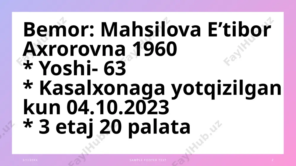 idelayouts/_rels/slidelayout2.xml.rels ppt/slidelayouts/_rels/slidelayout3.xml.rels ppt/slidelayouts/_rels/slidelayout4.xml.rels ppt/slidelayouts/_rels/slidelayout5.xml.rels ppt/slidelayouts/_rels/slidelayout6.xml.rels ppt/slidelayouts/_rels/slidelayout7.xml.rels ppt/slidelayouts/_rels/slidelayout8.xml.rels ppt/slidelayouts/_rels/slidelayout9.xml.rels ppt/slidelayouts/_rels/slidelayout10.xml.rels ppt/slidelayouts/_rels/slidelayout11.xml.rels ppt/slidelayouts/_rels/slidelayout12.xml.rels ppt/slidelayouts/_rels/slidelayout13.xml.rels ppt/slidelayouts/_rels/slidelayout14.xml.rels ppt/slidelayouts/_rels/slidelayout15.xml.rels ppt/slidelayouts/_rels/slidelayout16.xml.rels ppt/slidelayouts/_rels/slidelayout17.xml.rels ppt/slidelayouts/_rels/slidelayout18.xml.rels [content_types].xml this value indicates the number of saves or revisions. the application is responsible for updating this value after each revision. not started documentlibraryform documentlibraryform documentlibraryform образец заголовка образец текста второй уровень третий уровень четвертый уровень пятый уровень 3/1/20xx sample footer text ‹#› 2-davolash ishi fakulteti 604-c guruh talasi xodjimuratova kamolaxonning navbatchiligi bemor: mahsilova e’tibor axrorovna 1960 * yoshi- 63 * kasalxonaga yotqizilgan kun 04.10.2023 * 3 etaj 20 palata 3/1/20xx sample footer text 2 3/1/20xx sample footer text 3 asosiy shikoyati: ikkala qo’l proksimal falangalararo bo’imlarida og’riq, shish gipertermiyaga shikoyat qiladi . qo’shimcha: bosh aylanishi, xolsizlik, qorin dam bo’lishi anamnesis morbi : bemor o’zini bir necha yildan beri kasal deb hisoblaydi. kasalligini mehnat faoliyati bilan bog’laydi. uyida metilprednizalon leflunamid dorilarni ichib yuradi 3/1/20xx sample footer text 5 obyektiv ko’rik: umumiy ahvoli o’rta …