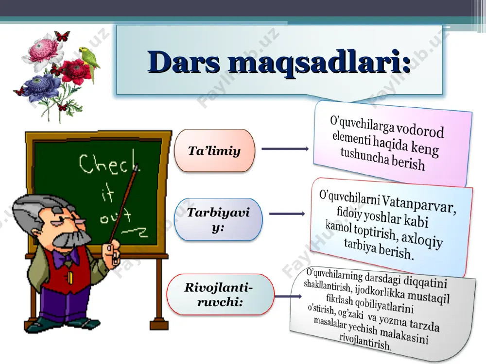 siyada katalizator sifatida qaysi modda ishtirok etgan 2. kislorodning nisbiy molekulyar massasi nechaga teng. 3. kislorod necha gradusda atomlarga parchalana boshlaydi. 4.kislorodning allotropik shakl o’zgarishini tasdiqlaydigan reaksiyani yozing 5. yerni quyoshning halokatli ta’siridan necha mm li ozon qatlami himoya qiladi? 6. moviyrang, hidga ega, suvda kisloroddan yaxshi eriydigan gaz 7. ozonator yordamida qaysi modda olinadi? “bilimingni sina” iii-guruh savollar o2-oddiy modda o-elementi 1.baliqlar suvda erigan kislorod bilan nafas oladi 2.karbonat angidrid tarkibida kislorod bor. 3.bir hujayrali hayvon amyoba suvda erigan kislorod bilan nafas oladi. 4.yonilg’ilarning yonishi uchun kislorod kerak 5. suv tarkibida kislorod bor 6. fotosintez jarayonida o’simliklar kislorod ajratadi. 7. shakar tarkibida kislorod bor. 8. chuchuk suv shillig’i atmosfera kislorodi bilan nafas oladi. 9. inson tanasining 65% ini kislorod tashkil etadi. o’simliklar quruq biomassasining 45% ni kislorod tashkil etadi. yangi mavzuni bayoni kimyoviy belgisi: h oddiy modda formulasi- h2 valentligi- 1 ga teng nisbiy molekulyar massasi-2,0156 nisbiy atom massasi- …