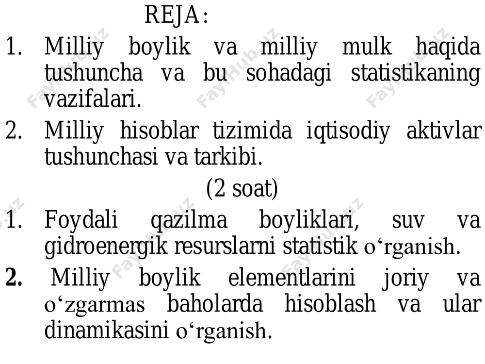 hamda indeksini hisoblashdi. 2000 yilning avgustidagi “daromadlar va boyliklarni tadqiqotlari xalqaro assotsiatsiyasi” ning umumiy 26-konferentsiyasida turli mamlakatlarni rivojlanishi to’g’risidagi yig’ma hisoblashlarning natijalari haqida ma’ruzalar tinglandi va muhokama qilindi. mazkur konferentsiyada k.xamiltonning jahonning 110 mamlakatida milliy boylikni 1997 yildagi jon boshiga to’g’ri keladigan darajasi va uni o’sishi sur’atlari hisoblangan ma’ruzasini taqdim etdi. k.xamiltonning hisob-kitoblariga qaraganda ko’pgina mamlakatlarda (jon boshiga to’g’ri keladigan yaim darajasi o’rtacha jahon darajasidan past bo’lganlarida) umumiy kapital hajmini o’sishi sur’ati aholi sonini o’sishi sur’atidan pastligini, ya’ni bu mamlakatlarda aholi farovonligini pasayishi jarayoni yuz berayotganini ko’rsatdi. milliy hisoblar tizimi (mht) iqtisodiy statistikaning nazariy-uslubiy asosini tashkil etadi. shuning uchun milliy boylik statistikasini tadqiq qilishda, uni barcha qirralarini takomillashtirish borasida shu mht-93ga tayanmoq zarur. unga binoan, milliy boylik deganda ma’lum bir sanaga institutsional birliklar, ya’ni mamlakat rezidentlariga tegishli bo’lgan kapital sof qiymati tushuniladi. kapital sof qiymati institutsional birliklarning aktivlari (nomoliyaviy va moliyaviy) va majburiyatlari (passivlari) orasidagi farq kabi aniqlanadi. milliy boylik …