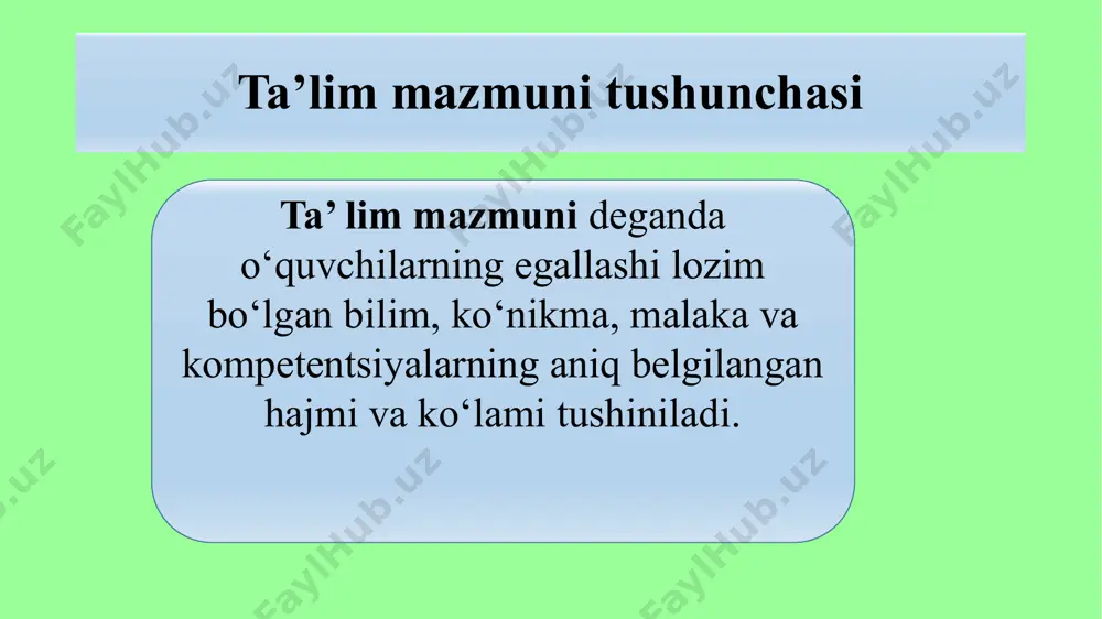 bo’yicha yaxlit ta’lim davri va xar bir sinf (kurs) da fanlarni o’rganishga ajratilgan soatlar xajmi; -praktikumlar, i/ch va ped amaliyotlar xamda shu kabilarni davomiyligi. fakultativ va majburiy mashg’ulotlar darslik muayyan o‘quv fani bo‘yicha ta’lim maqsadi, o‘quv dasturi va didaktik talablarga muvofiq belgilangan ilmiy bilimlari to‘g‘risidagi ma’lumotlarni beruvchi manba bo‘lib, u mazmuni va tuzilishiga ko‘ra fan bo‘yicha yaratilgan o‘quv dasturiga mos keladi. namunaviy o‘quv dasturlari asosida yaratilgan darsliklar maqsadga muvofiq holda respublika xalq ta’limi, oliy va o‘rta maxsus ta’lim vazirliklari tomonidan barcha maktablar, akademik litseylar va kasb-hunar kollejlari uchun tavsiya etiladi. g‘oyaviy va metodik jihatdan mukammal bo‘lgan darslik ta’lim mazmuniga qo‘yiladigan barcha talablarga javob bera olishi, o‘quvchilar uchun qiziqarli, iloji boricha qisqa, tushunarli, ko‘rgazmalilik nuqati nazaridan estetik xususiyatga ega bo‘lishi kerak. darslik o‘quvchilarning ta’lim jarayonida, ongli ravishda va faol ishtirok etishlari, o‘quv materialini to‘la o‘zlashtirishlarini ta’minlashi kerak. . ana shu masalalarni hal etish yo‘lida darsliklar quyidagi vazifalarni bajaradi: rivojlantiruvchi –tarbiyalovchi vazifasi …