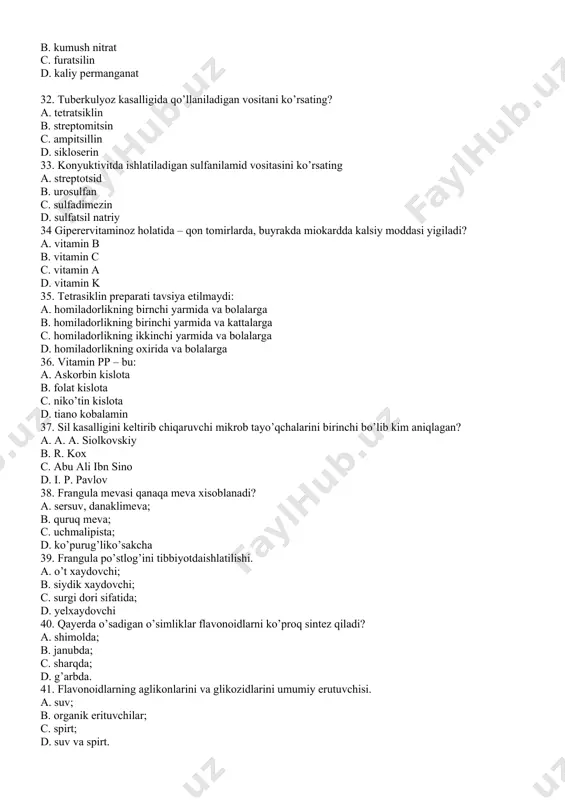 ini oilasini lotincha nomi nima? a. asteraceae; b. gentianaceae; c. menyanthaceae; d. lamiaceae. 51. retseptga kiritilgan suyuqliklar 1 grammdan kam bo`lsa qanday yoziladi? a. d. t. d; b. m. f; c. q. s; d. gtt. 52. retsept shaklini yozilishini to`g`ri jovobini toping? a. rp. da. signa; b. rp. d. t. d. n. signa; c. rp. mf. pulv; d. rp. da. q. s. 53. bir necha dori modda miqdori retseptda bir xil bo`lsa qaysi belgi qo`yiladi? a. aa; b. gtt; c. d. t. d; d. in vitro nigro. 54. galen preparatlari retsept tayyorlashda qachon qo`shiladi? a. boshida; b. o`rtasida; c. eng oxirida; d. umuman q0`shilmaydi. 55 rp da dori asos miqdori ko`rsatilmagan bo`lsa qaysi belgi qo`yiladi? a. gtt; b. q. s; c. aa; d. ut fiat. 56 poroshok tayyorlashda oldin qanday protsess amalga oshiriladi? a. elash; b. quritish; c. ho’llash; d. tortish, elash, maydalash, aralashtirish, dozaga bo`lish, rasmiylashtirish. 57. elash protsessi …