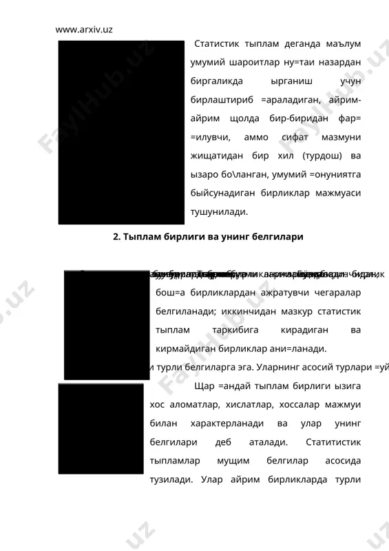 у, турли шакллардаги статистик =аторлардир. энг оддий бошлан\ич =аторлар бевосита кузатиш жараёнида вужудга келади. бундай =аторлар тартибга эга былмасдан, =айд =илишдаги щолатга асосланади. одатда тыплам бирликлари маълум белгилар асосида сафлаб, таснифлаб, гурущлаб тартибга солинади. статистик =атор - бу, тартибланган статистик тыпламдир. бундай тартибланган статистик тыплам статистик =аторлар деб аталади, чунки улар сонлар =атори (кетма - кетлиги) билан таърифланади. статистик =аторлар турли шаклларда ва йыллар билан тузилади. уларни =уйидаги турларга былиш мумкин (5.3-тарх). статистик =аторларнинг турлари та=симот =аторлари динамика =аторлари атрибутив вариацион асосий динамика щосилавий динамика =аторлар =аторлар =аторлари =аторлари сафланган дискрет орали=ли даврий пайтли нисбий кырсаткич ва ыртача ми=дор =аторлар =аторлар =аторлар =аторлар =аторлар индекслар =аторлари =аторлари 3- тарщ. статистик =аторларнинг турлари. ырганилаётган объектларни таснифлаш усулига =араб статистик =аторлар икки туркумга ажралади:бири-та=симот =аторлари, иккинчиси- динамика =аторлари. та=симот =аторлари де-ганда тыплам бирлик-ларини маълум белгилар асосида гурущларга (=исмларга) былиниши тушунилади. статистик тыплам бирликларини маълум щолатга (пайтга) нисбатан ёки ва=т орали\и давомида кузатиб, …