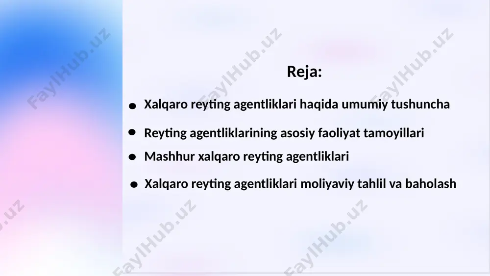 ntliklar, ta'lim sifati, ilmiy tadqiqot faoliyati, akademik kadrlar va boshqa ko'rsatkichlarga e'tibor qilib, eng yaxshi universitetlarni topish, tahlil qilish va baholashda o'zlarini muqobil ko'rsatadi. dunyo bo'ylab universitetlarni baholashda o'z faoliyatini olib boruvchi mashhur reyting agentligidir. the world university rankings yillik ravishda e'lon qilinadi va universitetlarni dunyo bo'ylab moliyaviy, akademik va ijtimoiy ko'rsatkichlar asosida taqqoslash va baholashda ishlatiladi dunyoda eng katta korporativ tashkilotlarni baholashda ishlatiluvchi reytingdir. bu reyting, har yil fortune maqolalari jurnali tomonidan e'lon qilinadi va korporativ tashkilotlar uchun moliyaviy hisobotlar, darajalar, hissaviy kapital, sotib olish va boshqa ko'rsatkichlarni o'z ichiga oladi. moody's eng qadimgi va eng hurmatga sazovor xalqaro reyting agentliklaridan biri. standard & poor's kredit riskini ishonchli baholashni ta'minlovchi kredit reytinglari bo'yicha jahon yetakchisi. fitch ratings moliyaviy va kredit risklarini tahlil qilishga ixtisoslashgan yirik xalqaro agentliklardan biri. davlatlar orasidagi korruptsiya darajasi bo'yicha reyting. transparency international 6 xalqaro reyting agentliklarining faoliyat asoslari quyidagilardir: 1 ma'lumotlarni to'plash: xalqaro reyting agentliklari …