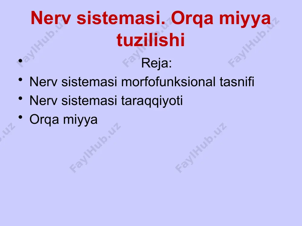 eriferiyadan bosh miyaga va bosh miyadan periferiyaga boruvchi o'tkazuv yo llari joylashgan. kulrangmodda:orqa miyaning kulrangmoddasi nerv hujayralaridan, mielinsiz va nozik mielinli tolalardan hamda neyrogliyadan iborat nerv o'zagi umurtqalararo nerv tuguni orqa miya – ko'krak qismidan kesma 1 – yumshoq miya pardasi, 2 – dorsal o'rta yoriq, 3 – oq modda, 4 – kulrang modda: d – orqa shox, e – lateral shox, f – oldingi shox, g – to'siqlar, h, i – orqa va oldingi kulrang bitishma, 5 – markaziy kanal, 6 – ventral o'rta yoriq 1 1 2 orqa miya neyronlari va yadrolari neyronlar: 1) tutamli (aksoni orqa miya kul rang moddasidan chiqib, orqa miyani bosh miya bilan bog'lovchi tutamlar hosil qiladi); 2) ildizcha (aksoni orqa miyaning oldingi ildizchasini xosil qilishda ishtirok etadi); 3) ichki. orqa miya yadrolari: tutamli neyronlar xosil qilgan yadrolar: 1) orqa shoxning xususiy yadrosi (ushbu yadrodan chiqqan aksonlarning bir qismi qarama-qarshi tomondagi oq moddaga o'tib, …