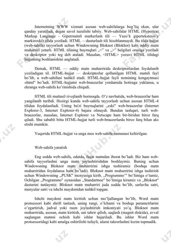 standartnoe" bo’limiga kiramiz va ,,bloknot" dasturini tanlaymiz. bloknot matn muharriri juda sodda bo’lib, sarlavha satri, menyular satri va ishchi maydonidan tashkil topgan. ishchi maydoni matn kiritish uchun mo’ljallangan bo’lib, word matn protsessori kabi shrift tanlash, uning rangi, o’lchami va boshqa paramctrlarini o’zgartirish, jadval yoki rasm joylashtirish imkoniyati yo’q. bloknot matn muharririda, asosan, matn kiritish, uni tahrir qilish, saqlash (magnit diskida), avval saqlangan matnni ochish kabi ishlar bajariladi. bu ishlar word matn protsessoridagi kabi amalga oshirilishi tufayli, ularni takrorlashni lozim topmadik. bloknot matn muharririni ishga tushirgach, web-sahifa yara-tishni boshlasak ham bo’iadi. web-sahifa, odatda, sarlavhadan boshlanadi. bu bizning birinchi web-sahifamiz bo’igani uchun, unga ,,bu mcning birinchi web-sahifam", deb sarlavha qo’yamiz. buning uchun bloknot ishchi maydonida quyidagi matn kiritiladi: bu mening birinchi web-sahifam bu yerda , , va html tilining deskriptorlari. -- web-sahifa boshlanishini, esa, web-sahifa yakunlanganini anglatadi. umuman, ko’rinishdagi deskriptor uchun deskriptori mavjud bo’lib, birinchisi biror amal boshlanishini bildirsa, ikkinchisi shu amal …